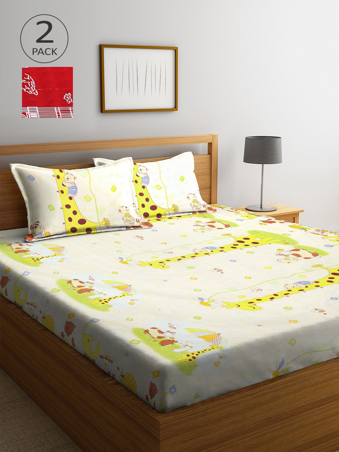 

Arrabi Pack Of 2 Red & Yellow 300 TC 2 King Bedsheet with 4 Pillow Covers