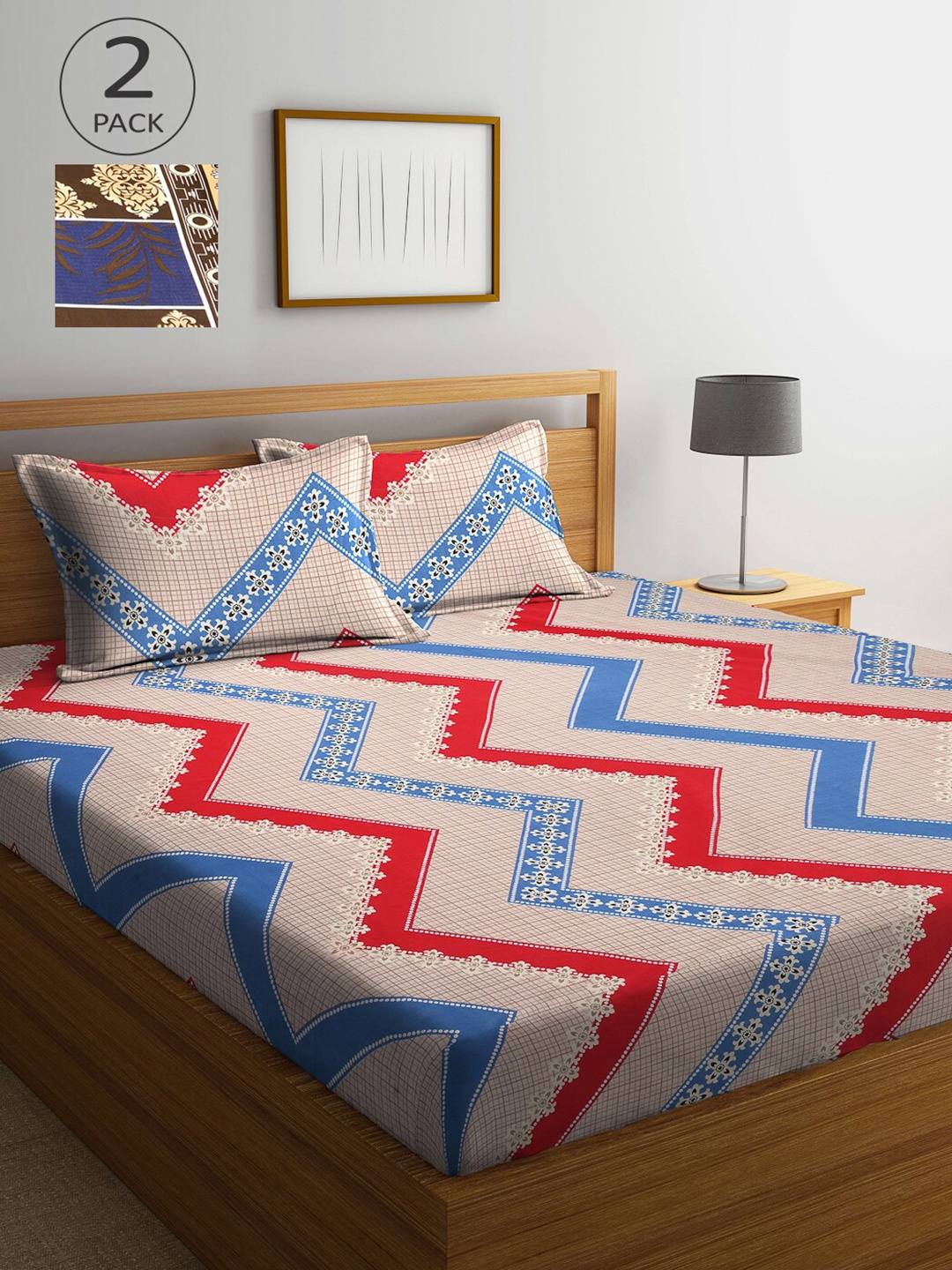 

Arrabi Beige & Blue Ethnic Motifs 300 TC 2 King Bedsheet with 4 Pillow Covers