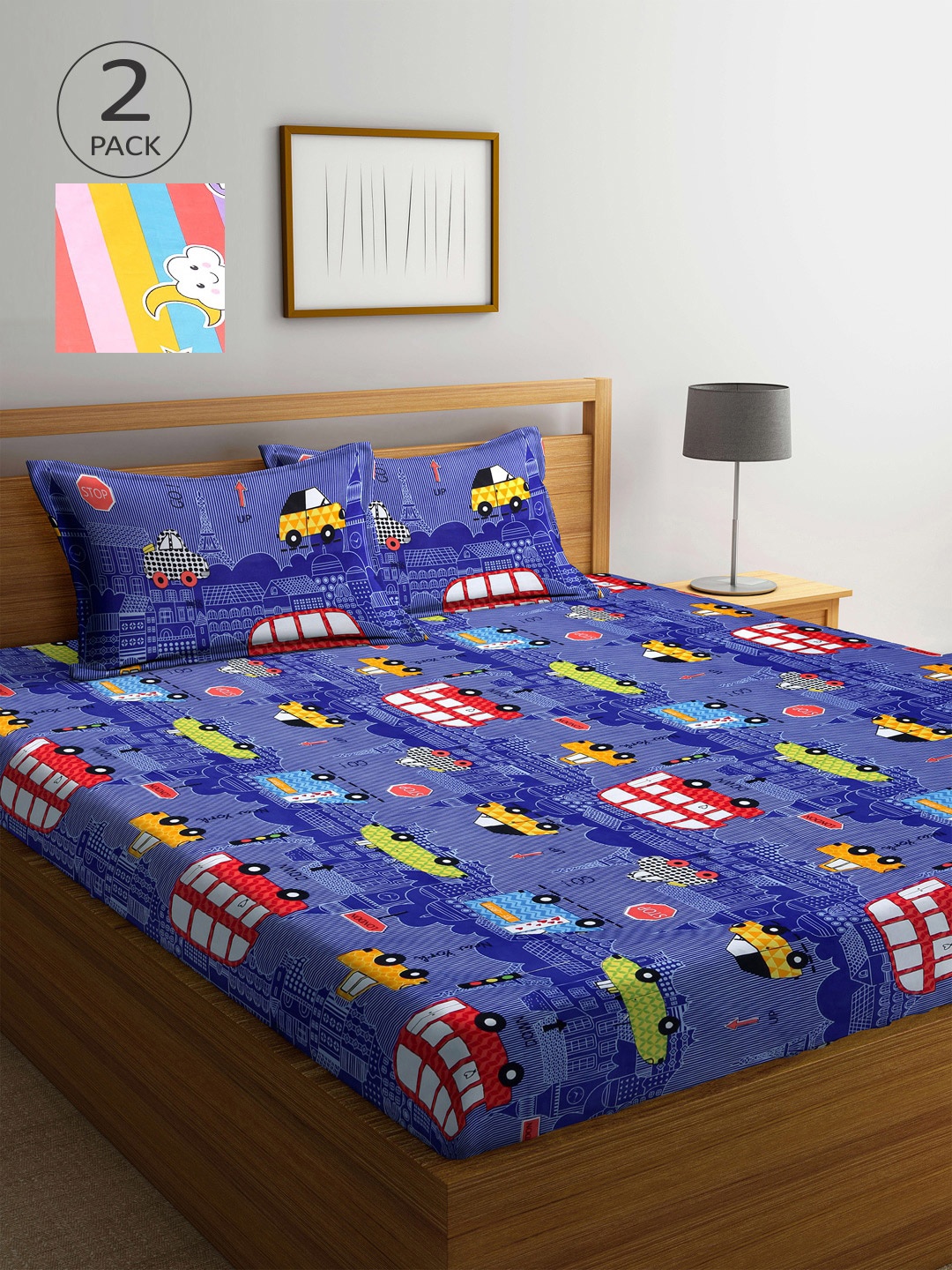 

Arrabi Blue & Yellow Unicorn Graphic 300 TC 2 King Bedsheet with 4 Pillow Covers