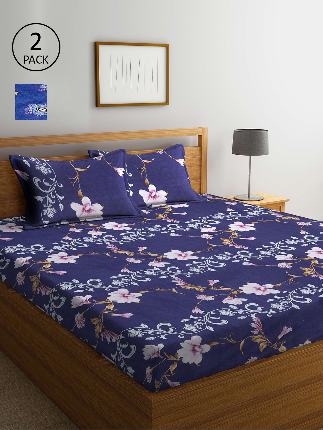 

Arrabi Set Of 2 Blue & Pink Floral 300 TC King Bedsheet With 4 Pillow Covers