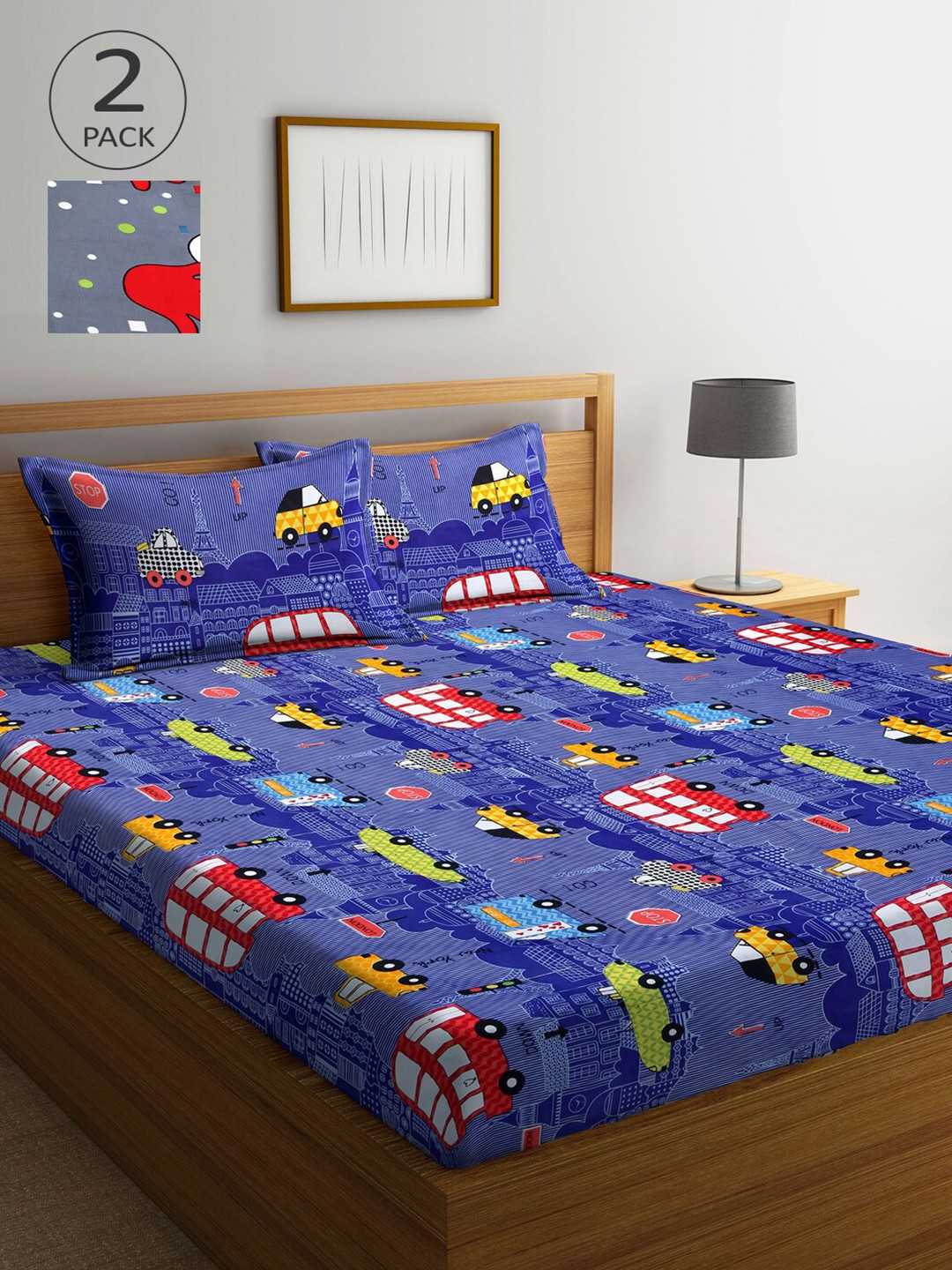 

Arrabi Pack Of 2 Printed 300 TC King 2 Bedsheets with 4 Pillow Covers, Blue