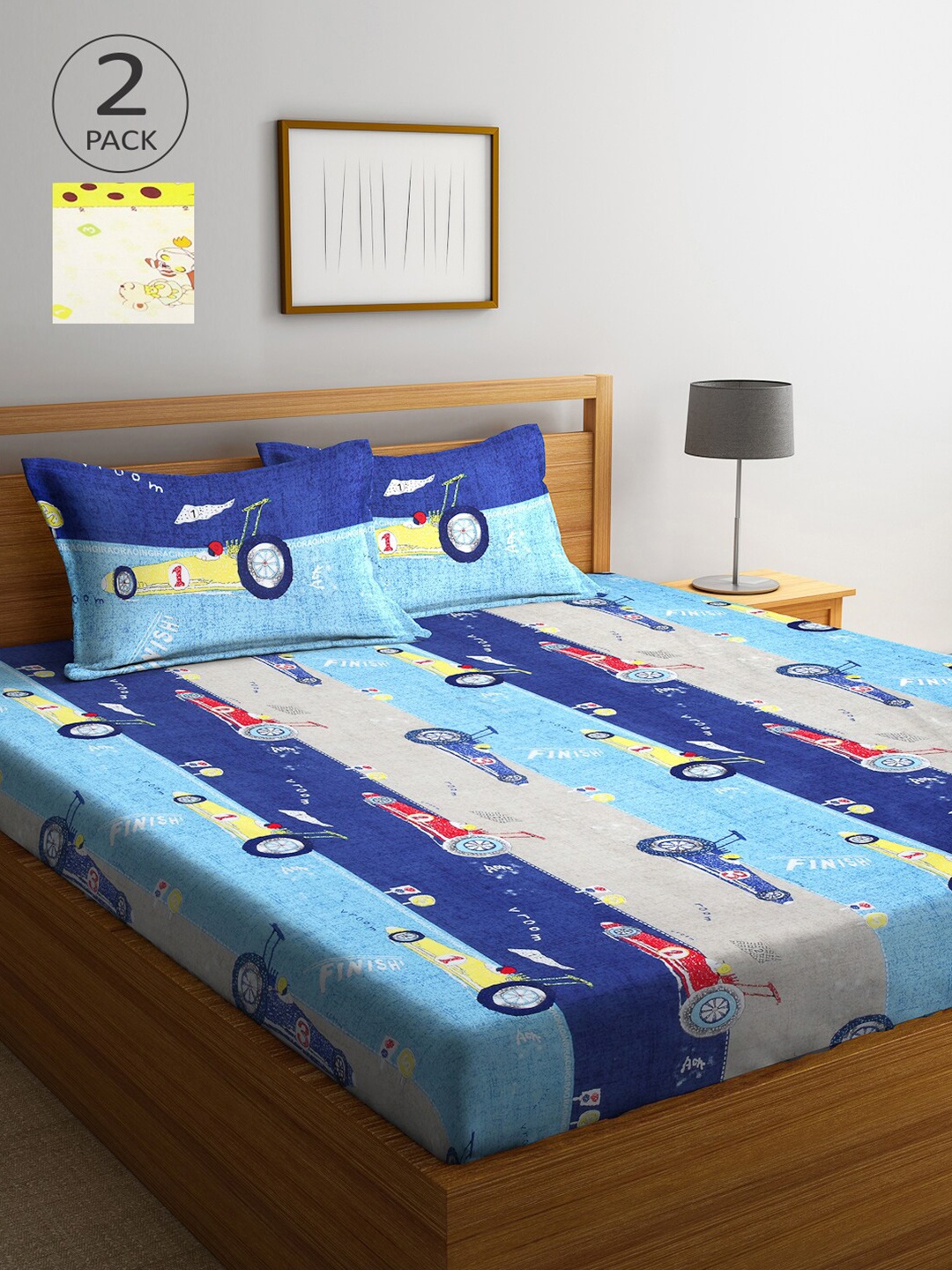 

Arrabi Blue & Yellow Graphic 300 TC 2 King Bedsheet with 4 Pillow Covers