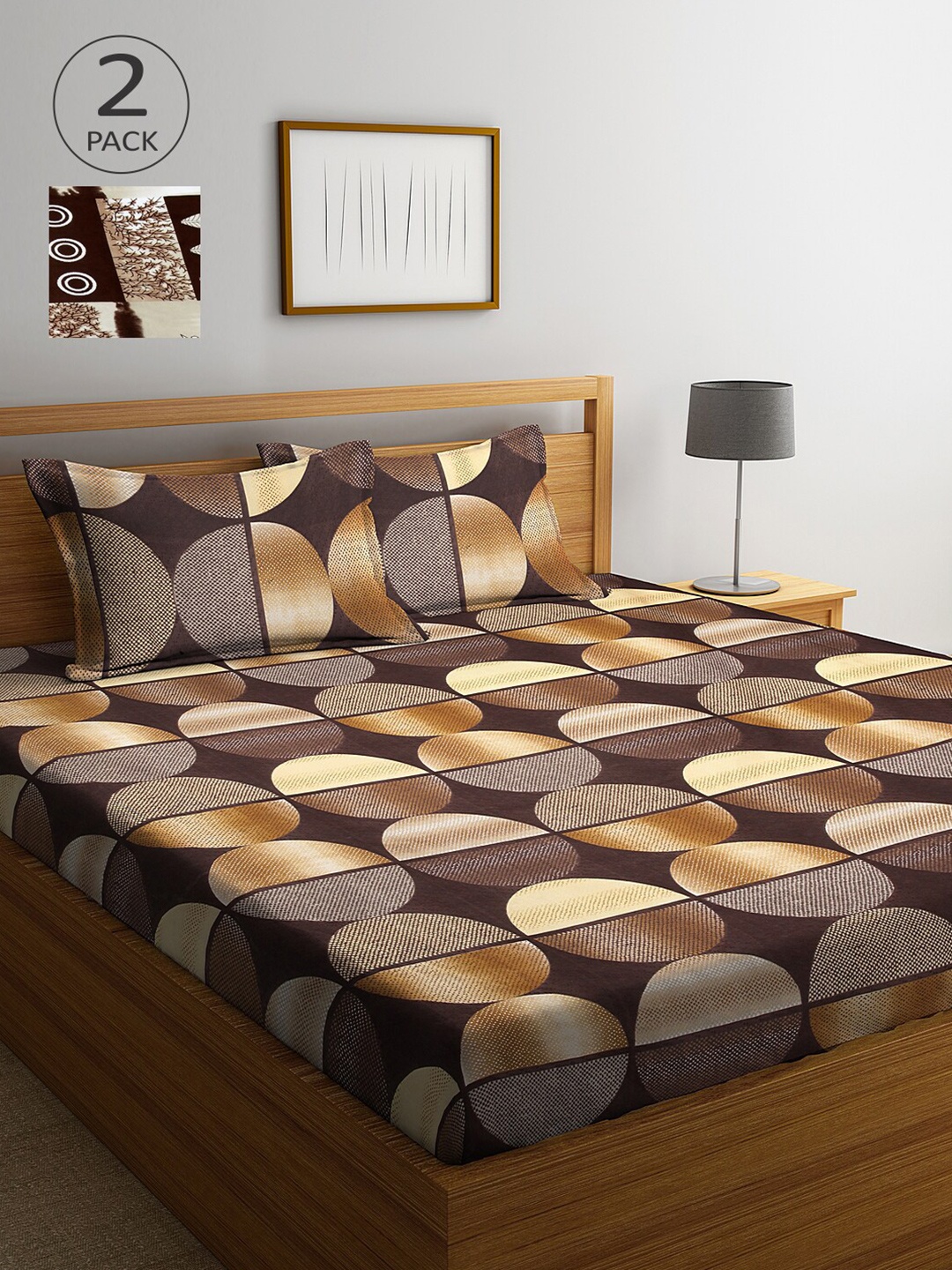 

Arrabi Pack of 2 Printed 300 TC King Bedsheet with 4 Pillow Covers, Brown