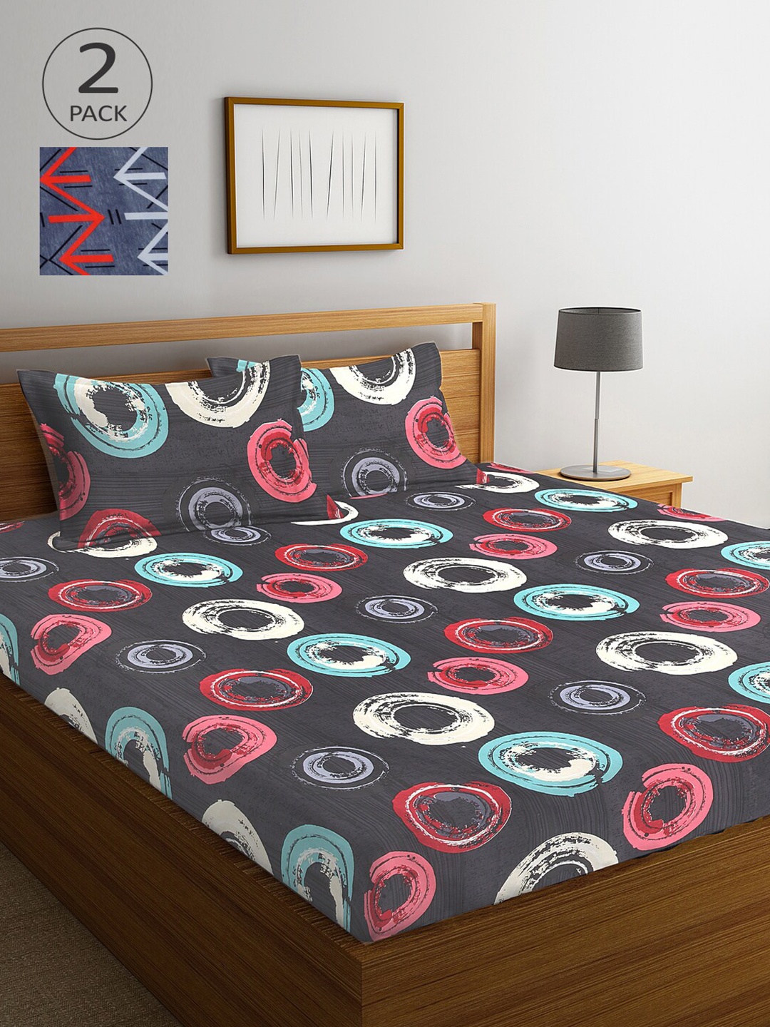 

Arrabi Pack Of 2 Grey & Pink Geometric 300 TC 2 King Bedsheet with 4 Pillow Covers