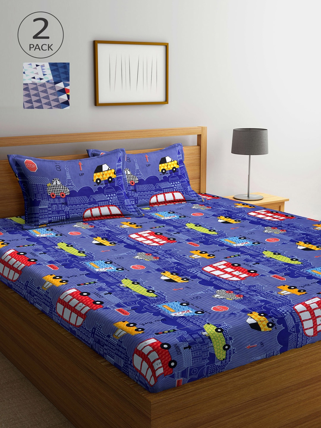 

Arrabi Blue & Red Graphic 300 TC 2 King Bedsheet with 4 Pillow Covers