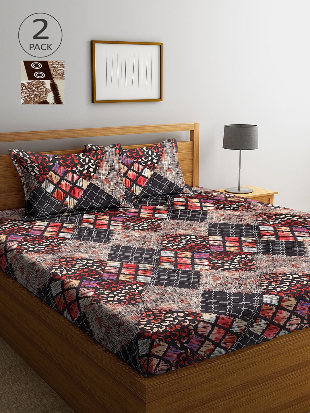 

Arrabi Pack of 2 Printed 300 TC King Bedsheet with 4 Pillow Covers, Brown