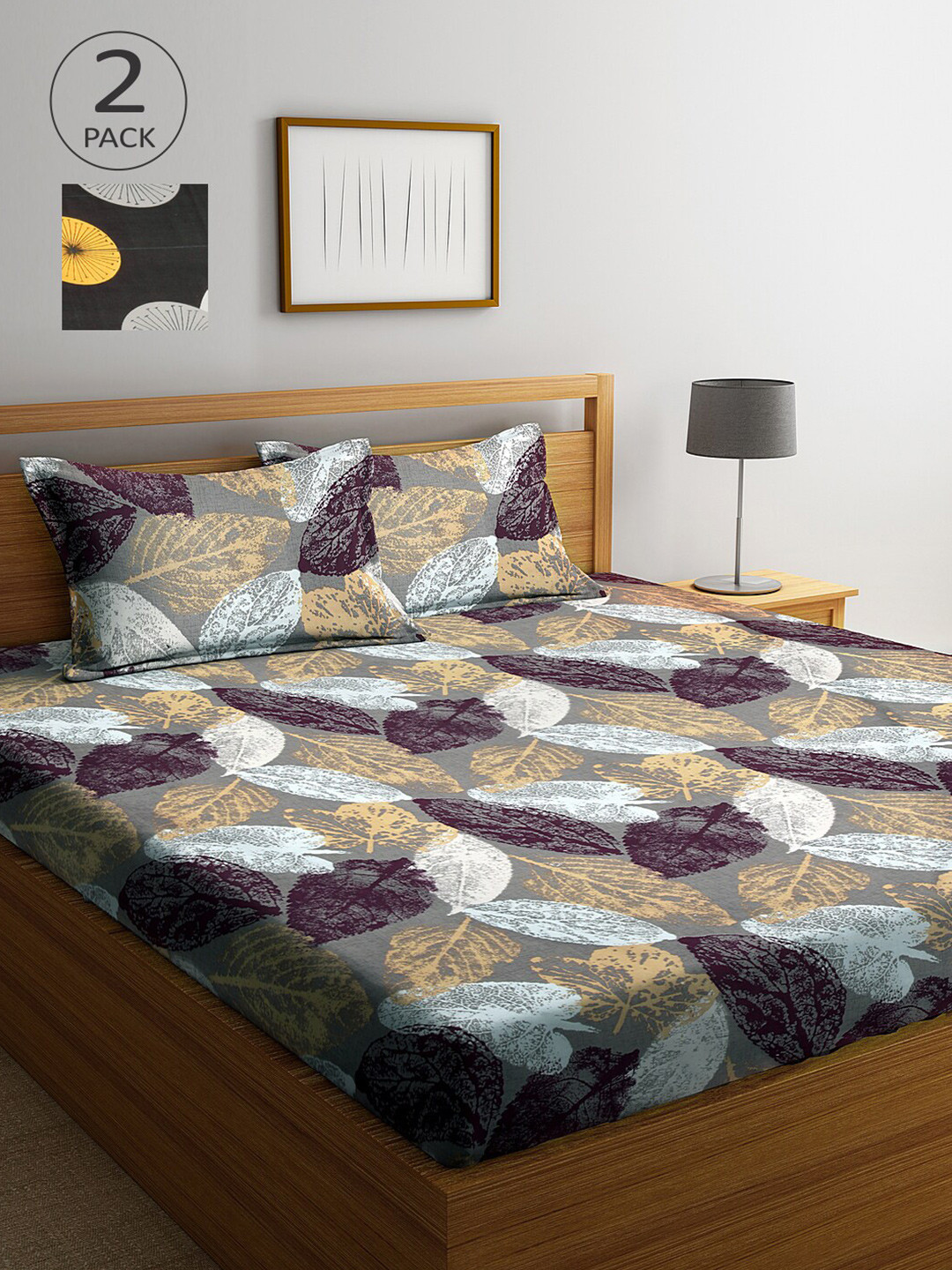 

Arrabi Pack Of 2 Printed 300 TC King 2 Bedsheets with 4 Pillow Covers, Grey