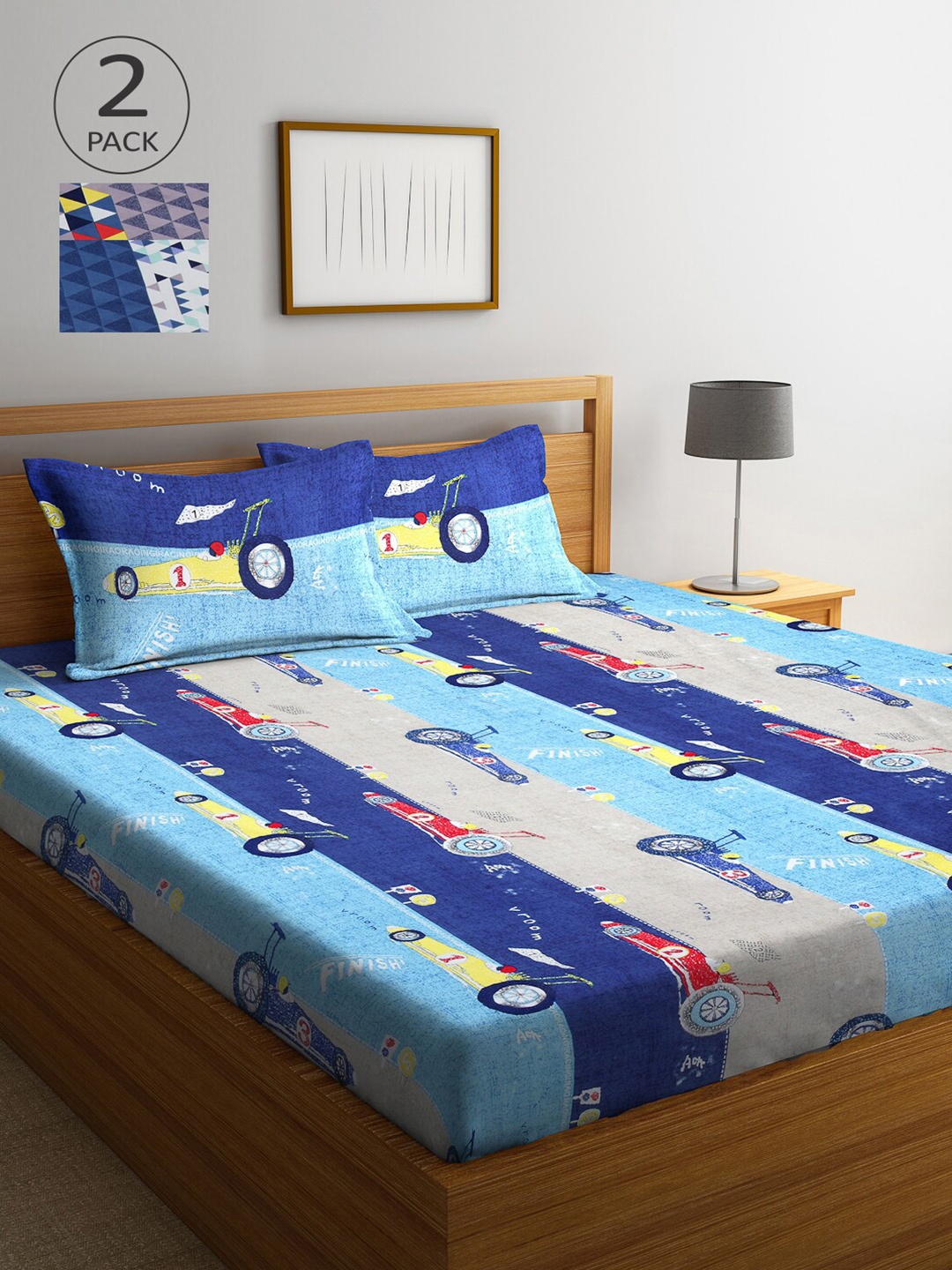 

Arrabi Blue & Grey Graphic 300 TC 2 King Bedsheets with 4 Pillow Covers