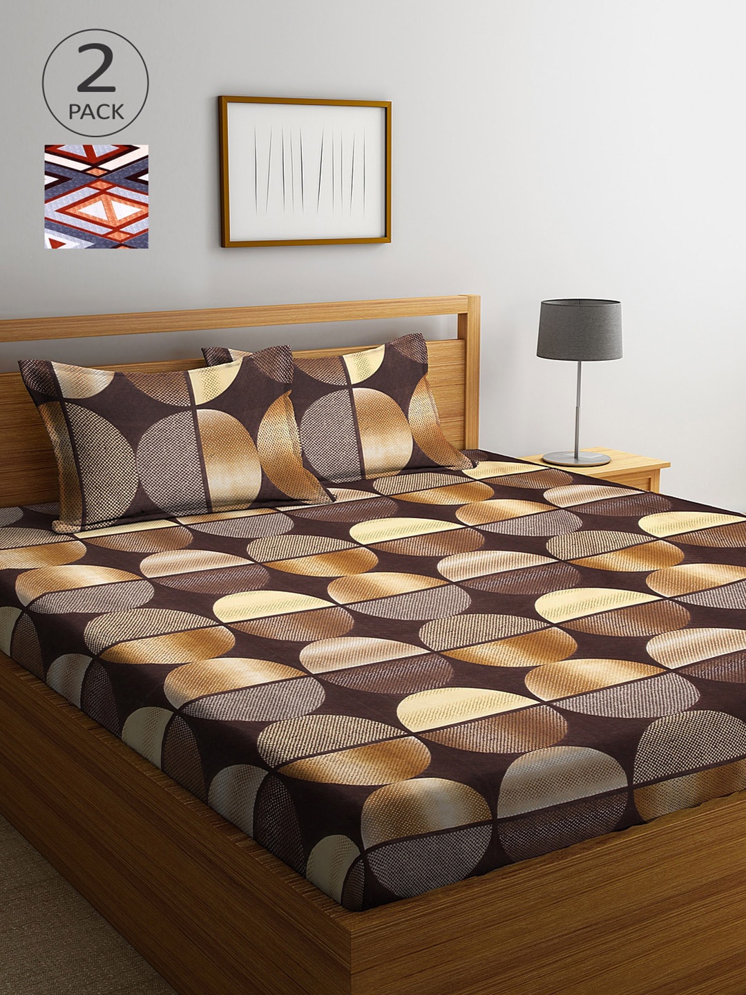 

Arrabi Pack Of 2 Brown & Blue Geometric 300 TC 2 King Bedsheet with 4 Pillow Covers