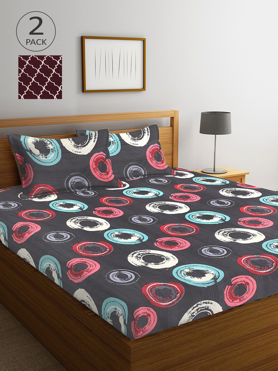 

Arrabi Pack Of 2 Grey & Brown Geometric 300 TC 2 King Bedsheet with 4 Pillow Covers