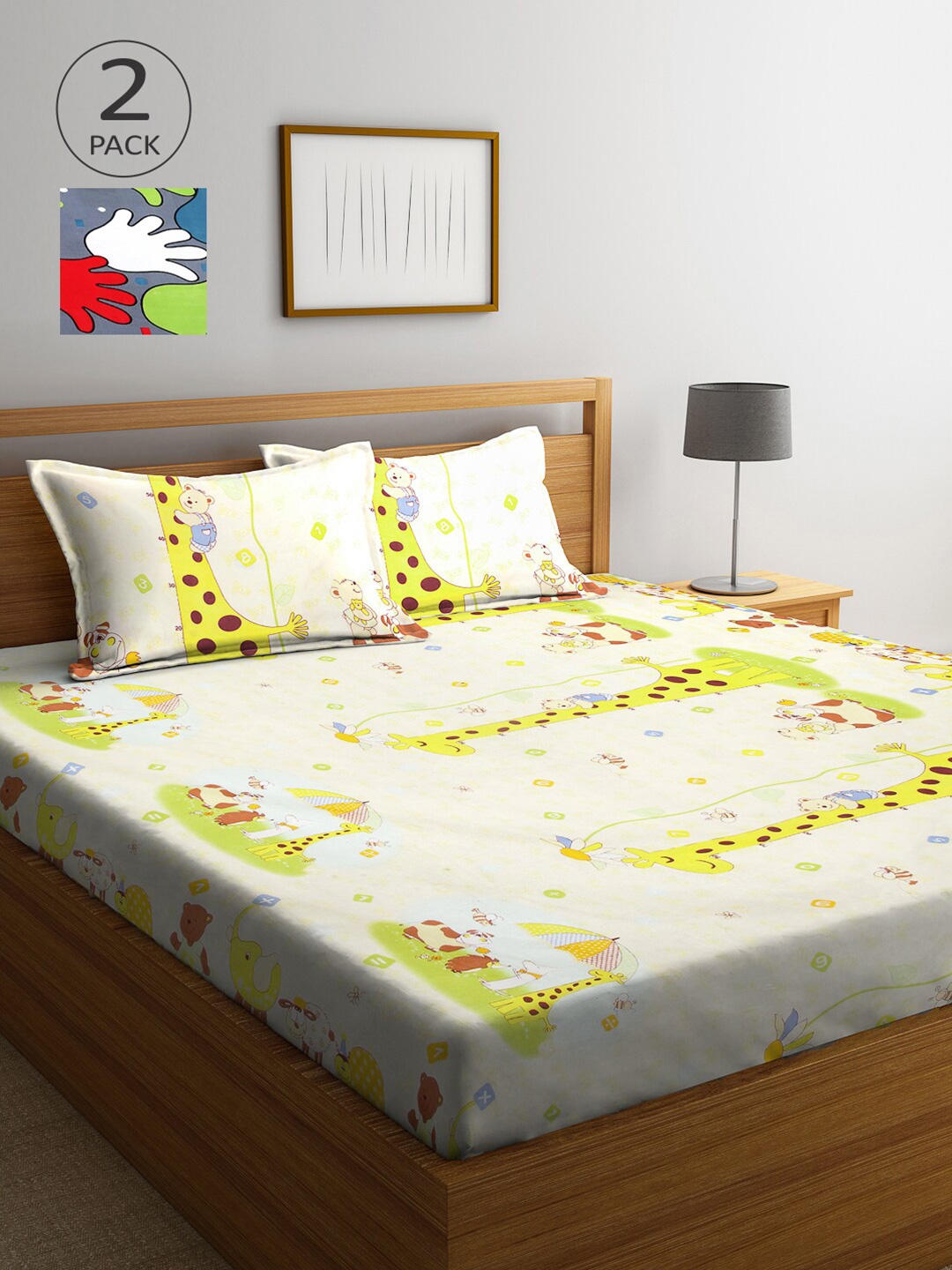 

Arrabi Set Of 2 Grey & White Cartoon Characters 300 TC 2King Bedsheet with 4 Pillow Covers