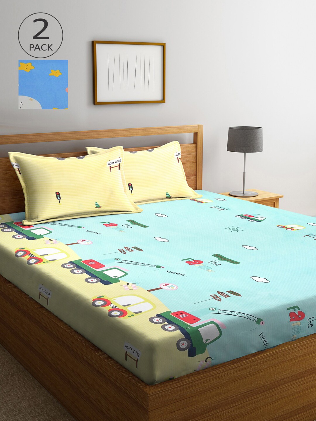 

Arrabi Pack Of 2 Printed 300 TC King 2 Bedsheets with 4 Pillow Covers, Blue