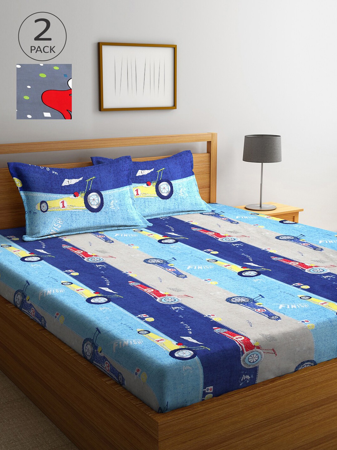

Arrabi Set Of 2 300TC King Bedsheets with 4 Pillow Covers, Blue
