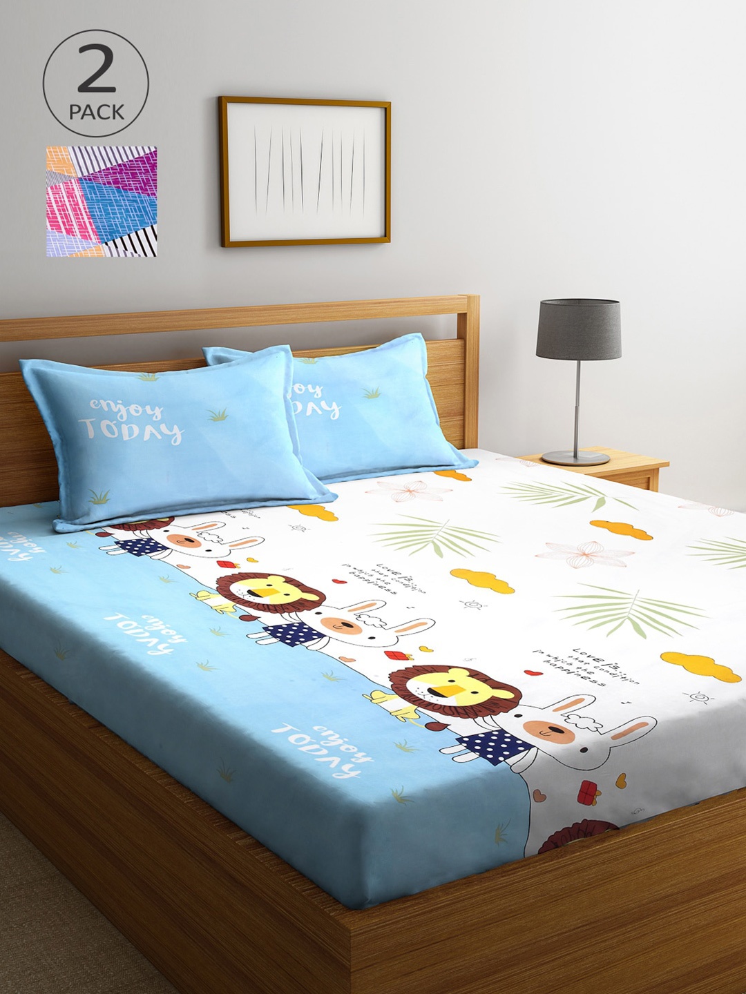 

Arrabi Pack Of 2 Blue & White 300 TC 2 King Bedsheet with 4 Pillow Covers