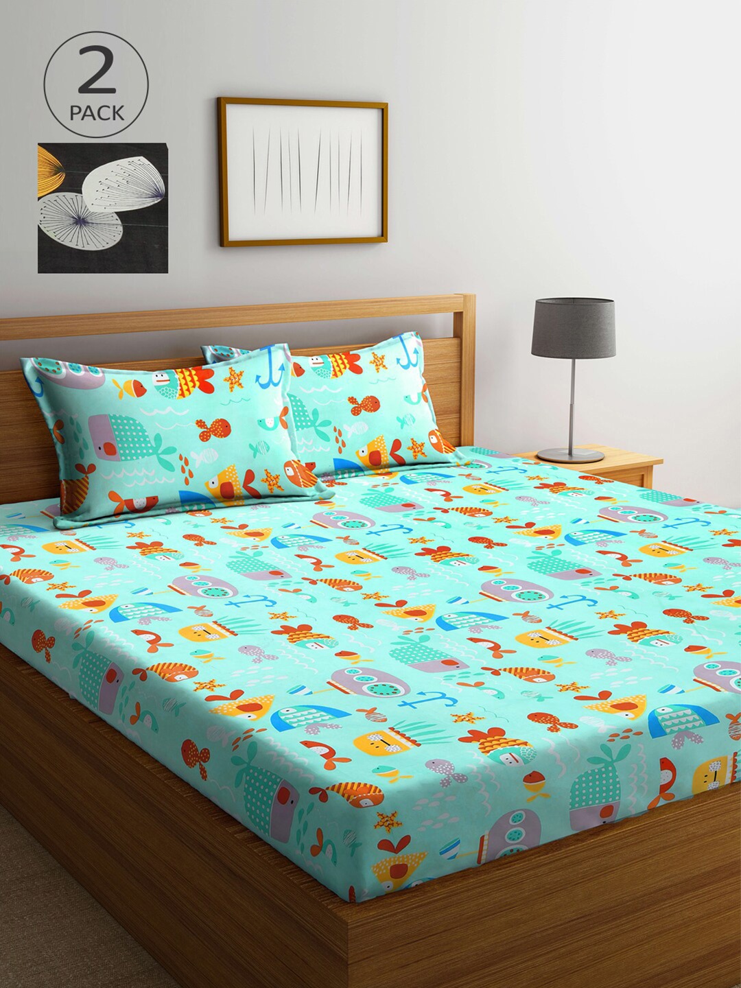 

Arrabi Set Of 2 Black & Green Cartoon Characters 300 TC King Bedsheet with 4 Pillow Covers