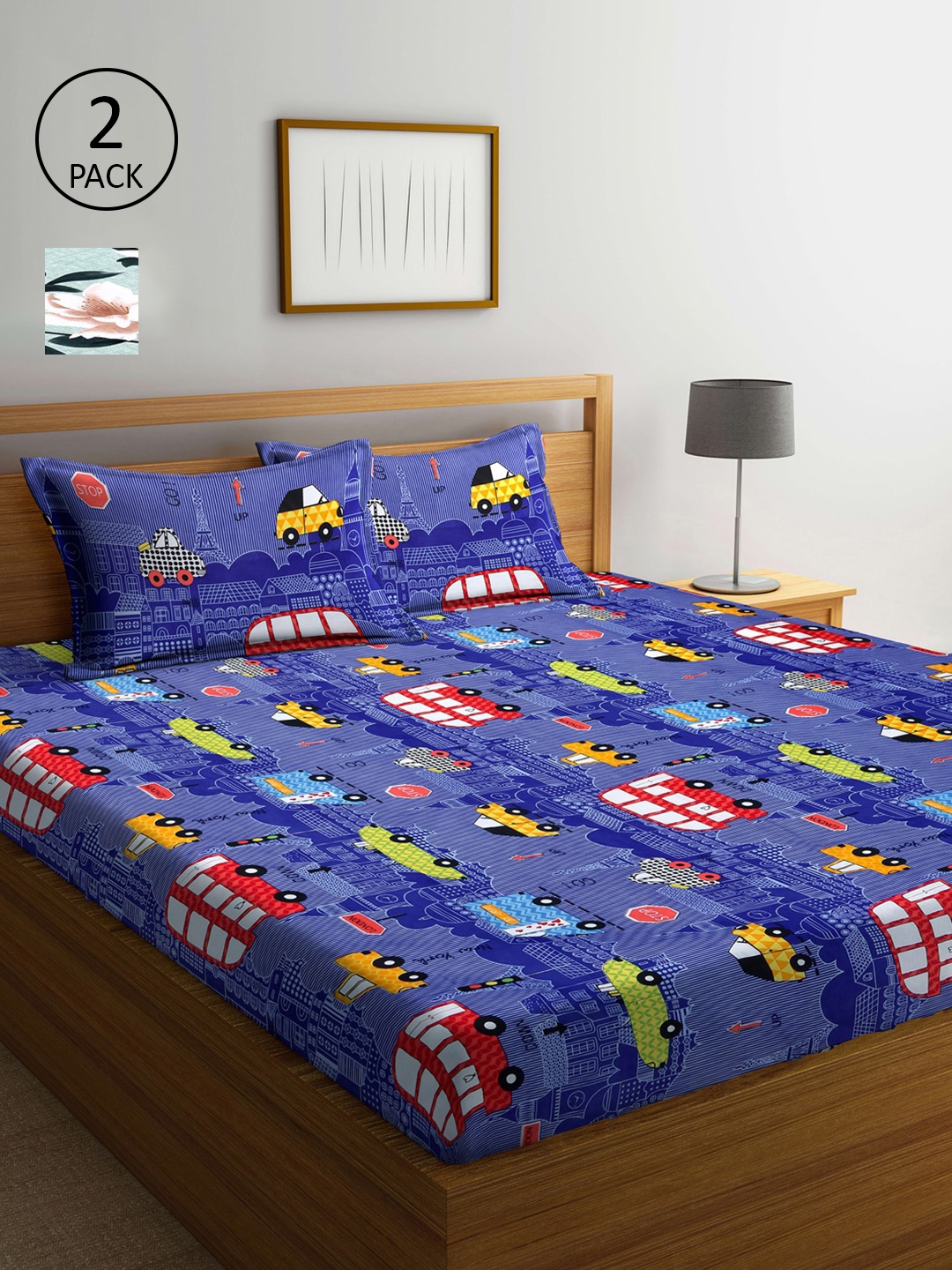 

Arrabi Blue & Green Floral 300 TC 2 King Bedsheet with 4 Pillow Covers