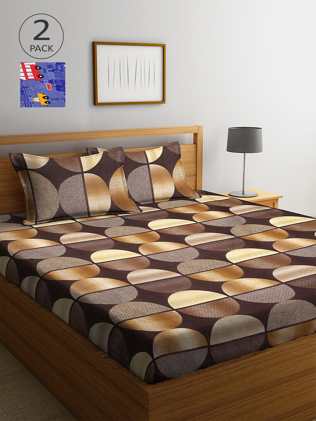

Arrabi Blue & Brown Geometric 300 TC 2 King Bedsheets with 4 Pillow Covers