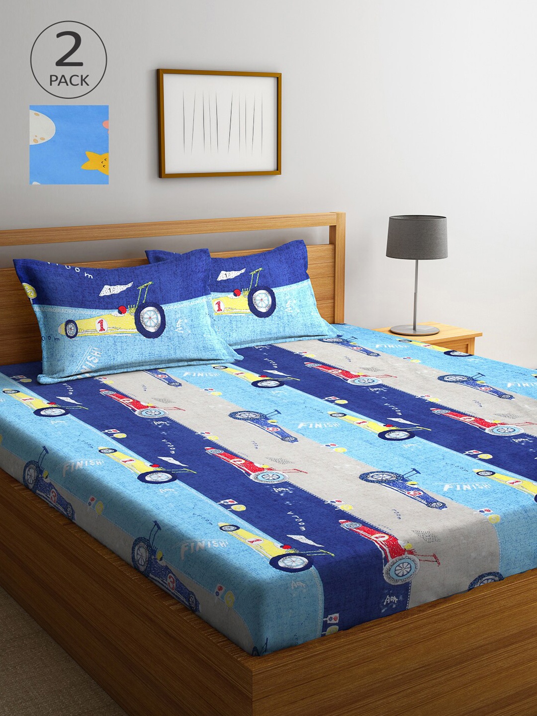

Arrabi Blue Printed 300 TC 2 King Bedsheet with 4 Pillow Covers