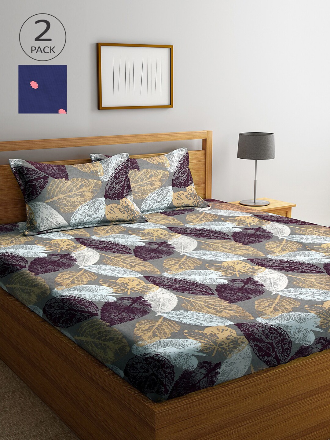 

Arrabi Pack Of 2 Blue & White Floral 300 TC 2 King Bedsheet with 4 Pillow Covers