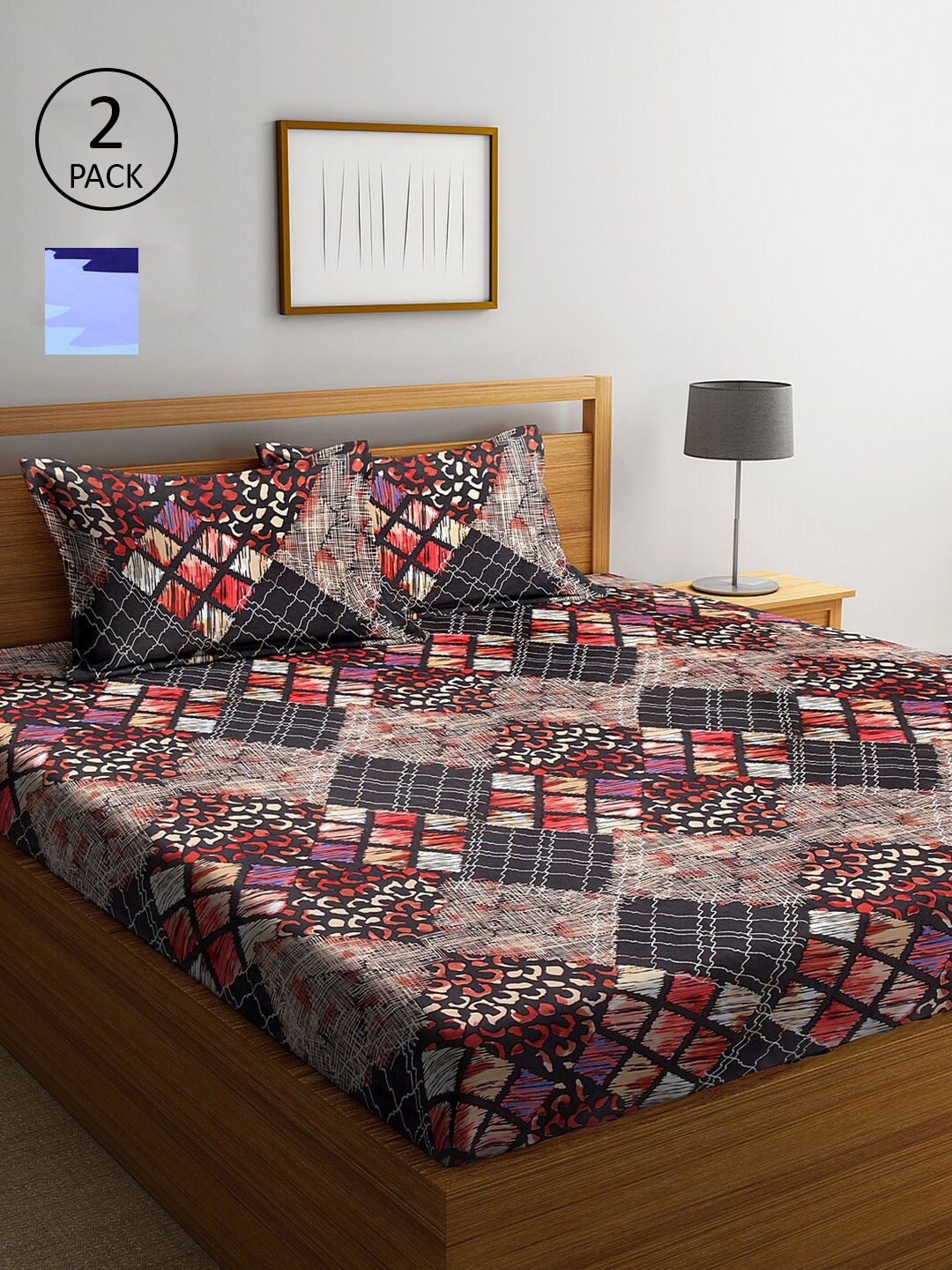 

Arrabi Pack Of 2 Navy Blue & Black 300 TC 2 King Bedsheet with 4 Pillow Covers