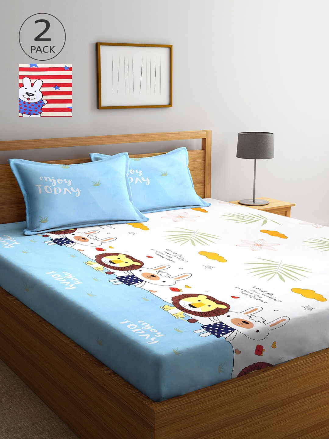 

Arrabi Set Of 2 Blue & White Cartoon Characters 300 TC King Bedsheet With 4 Pillow Covers