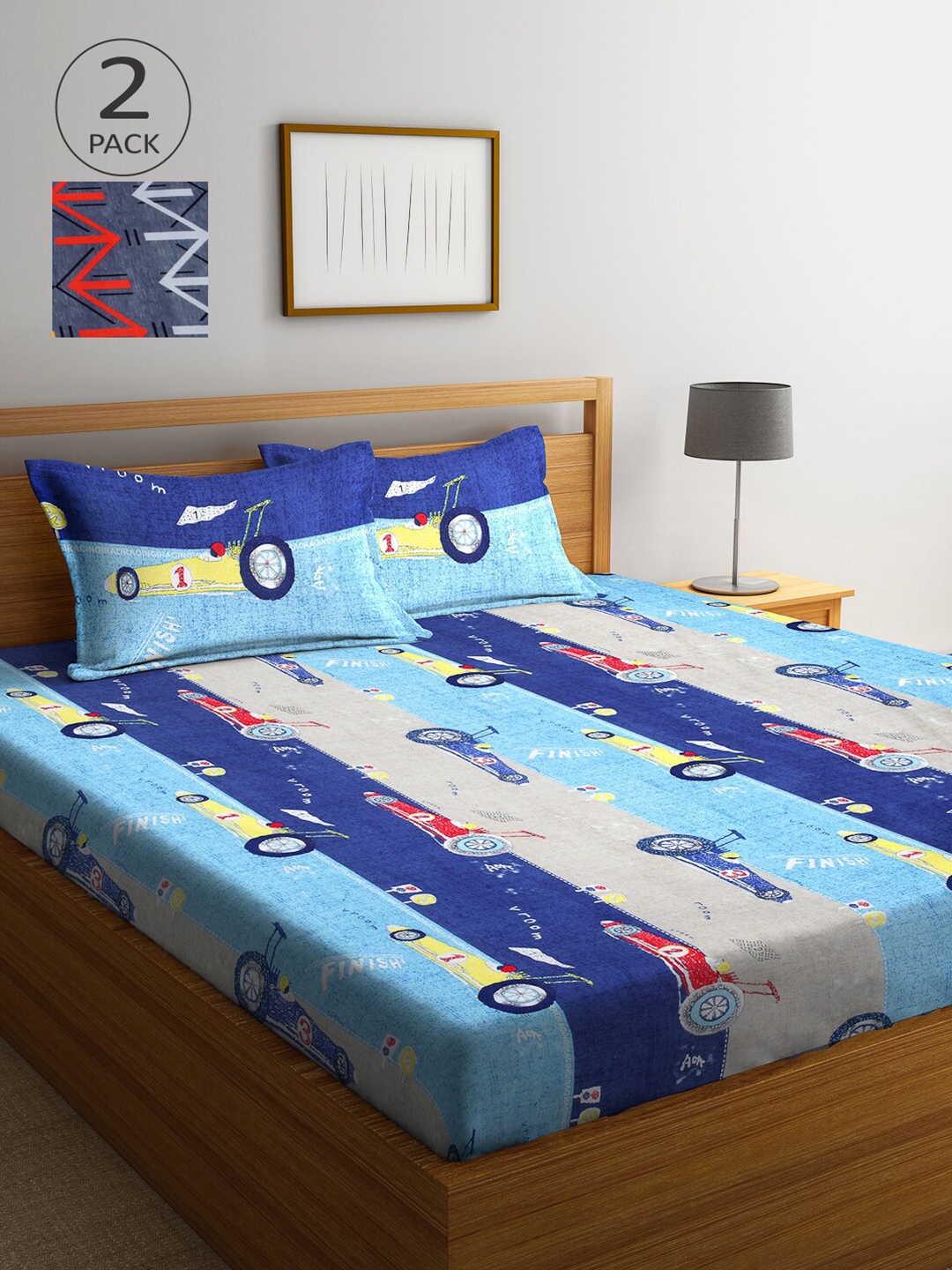 

Arrabi Set Of 2 300TC King Bedsheets with 4 Pillow Covers, Blue