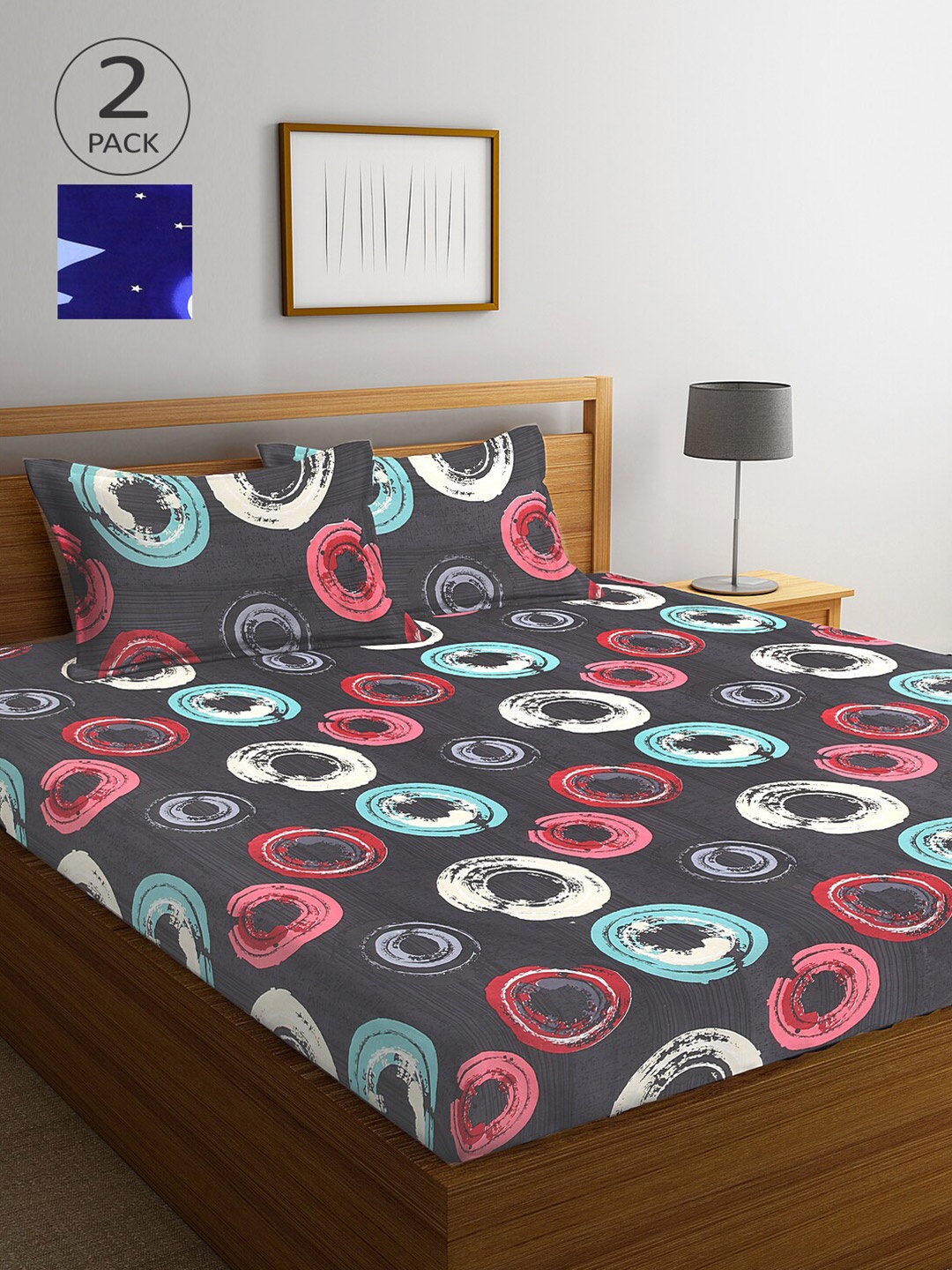 

Arrabi Grey & Blue Printed 300 TC 2 King Bedsheet with 4 Pillow Covers
