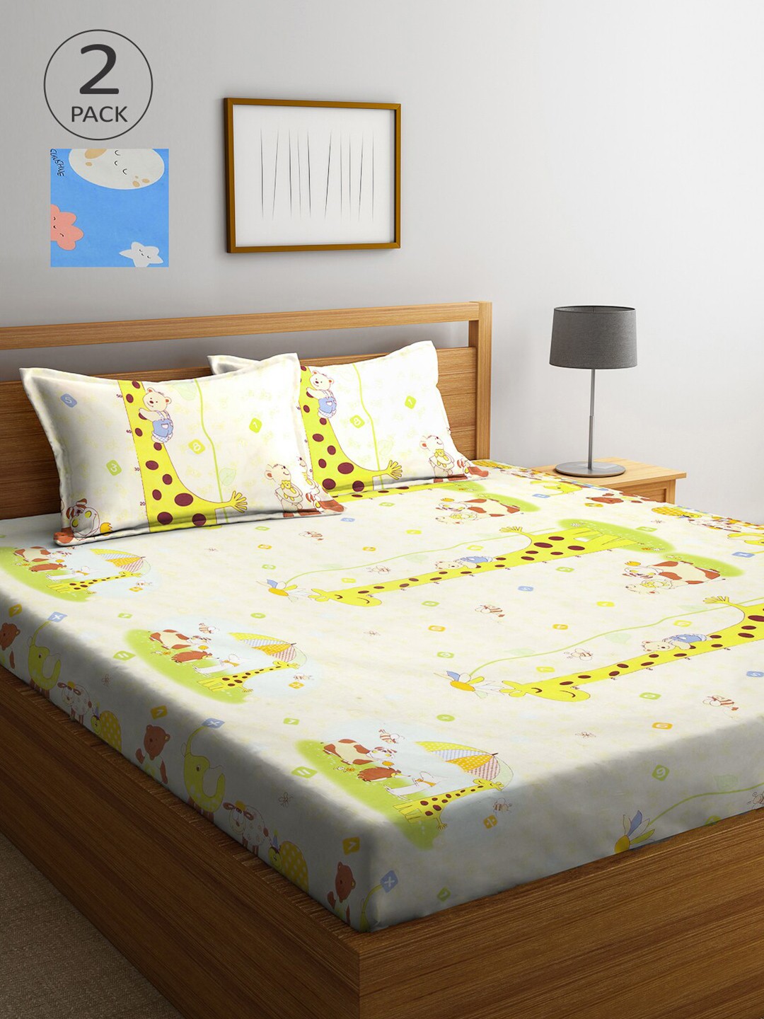 

Arrabi Pack Of 2 Blue & White Graphic 300 TC 2 King Bedsheet with 4 Pillow Covers