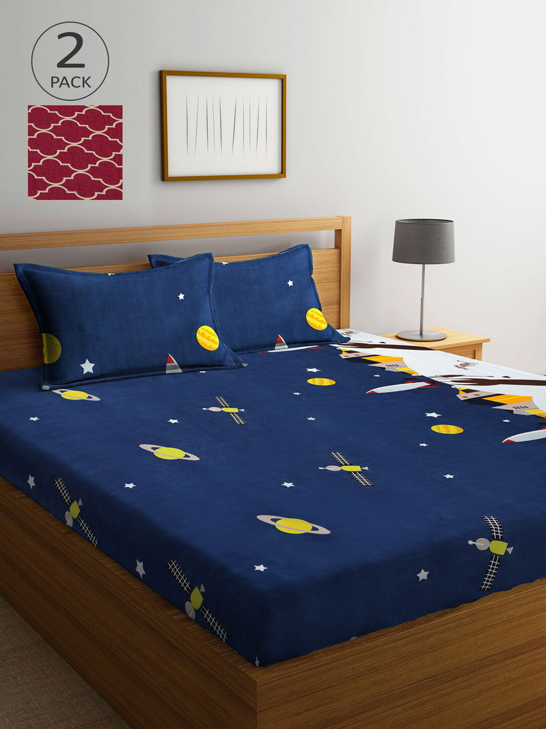 

Arrabi Pack Of 2 Printed 300 TC King 2 Bedsheets with 4 Pillow Covers, Blue