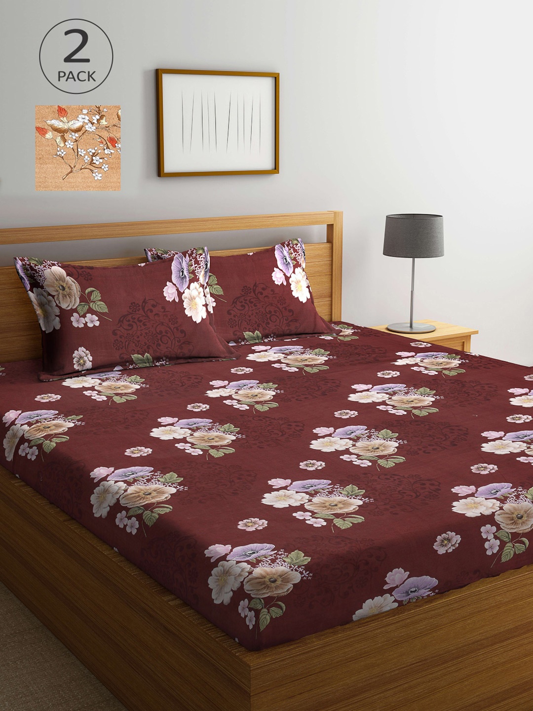 

Arrabi Set Of 2 Brown & Orange Floral 300 TC King Bedsheet With 4 Pillow Covers