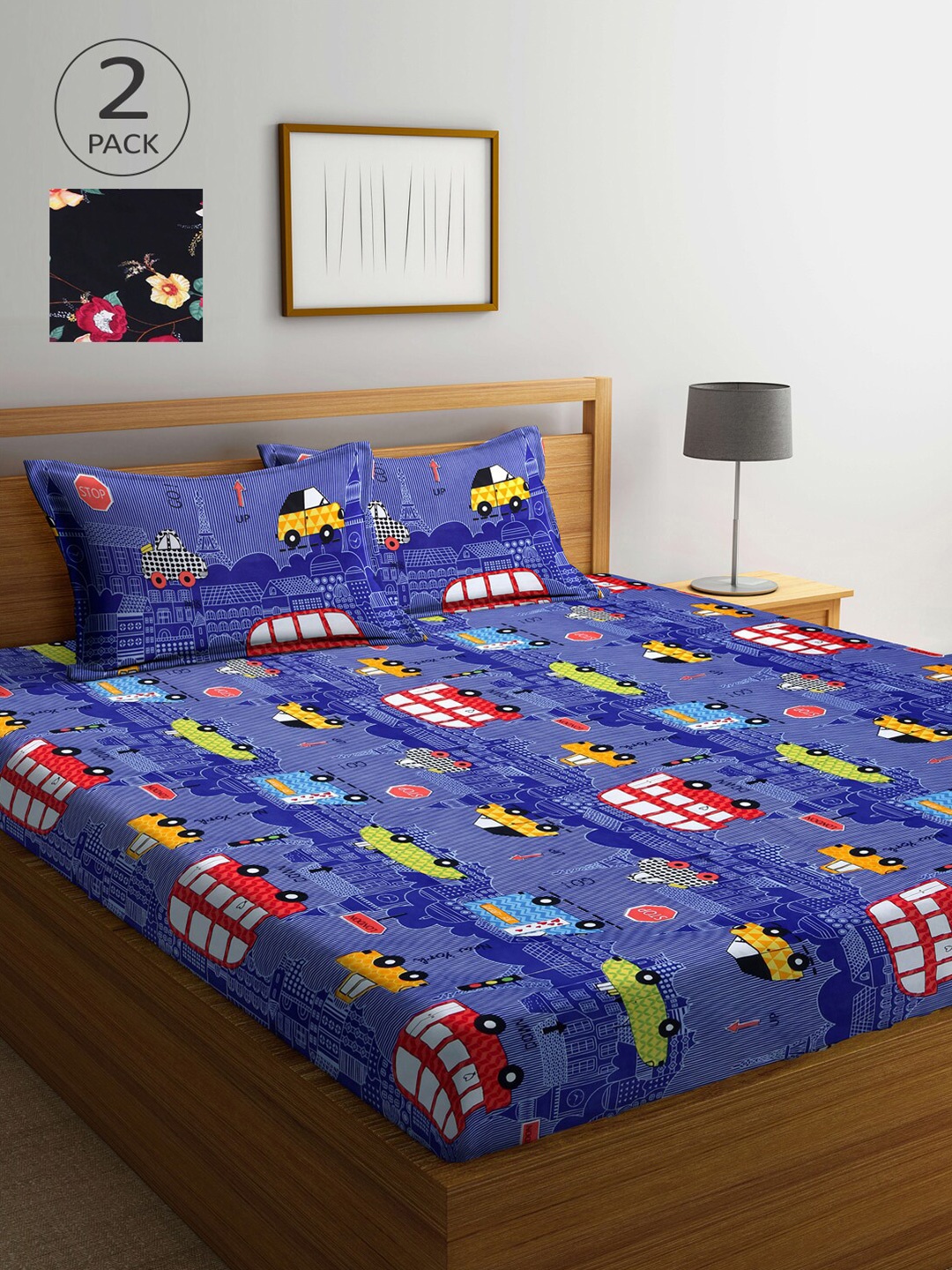 

Arrabi Black & Blue Floral 300 TC 2 King Bedsheet with 4 Pillow Covers