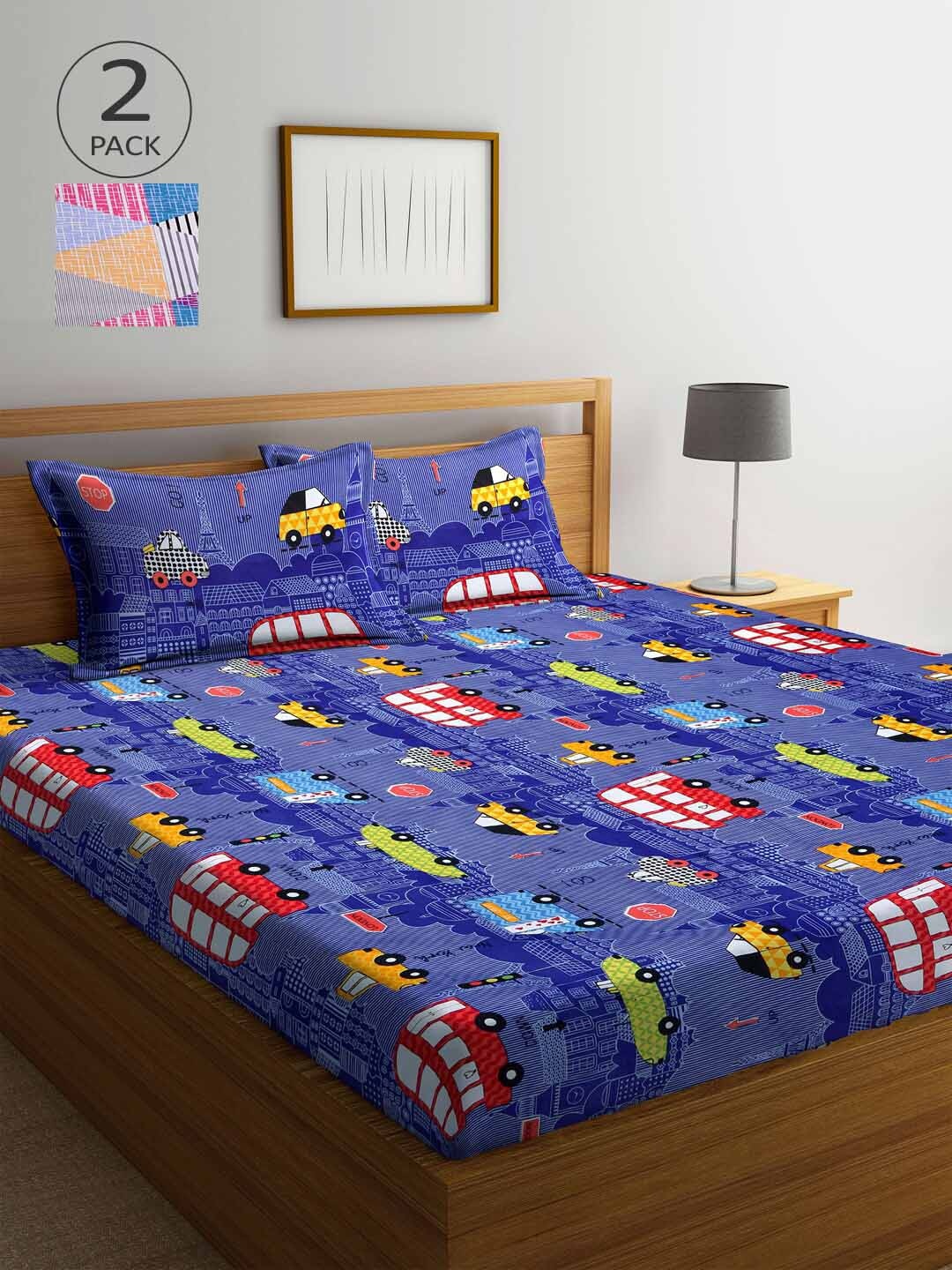 

Arrabi Pack of 2 Blue & Grey Graphic 300 TC 2 King Bedsheet with 4 Pillow Covers