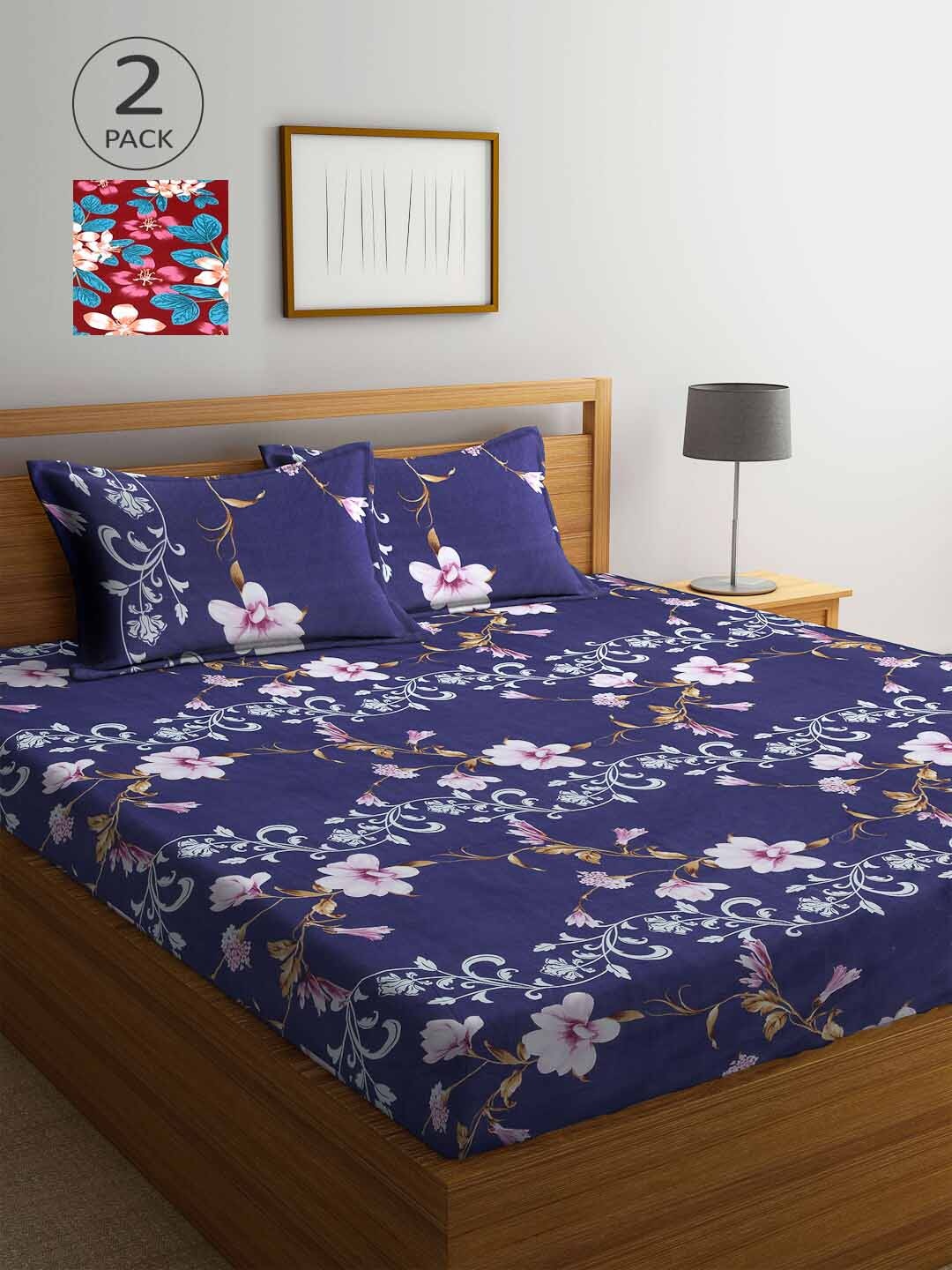 

Arrabi Pack Of 2 Blue & Maroon Floral 300 TC 2 King Bedsheet with 4 Pillow Covers