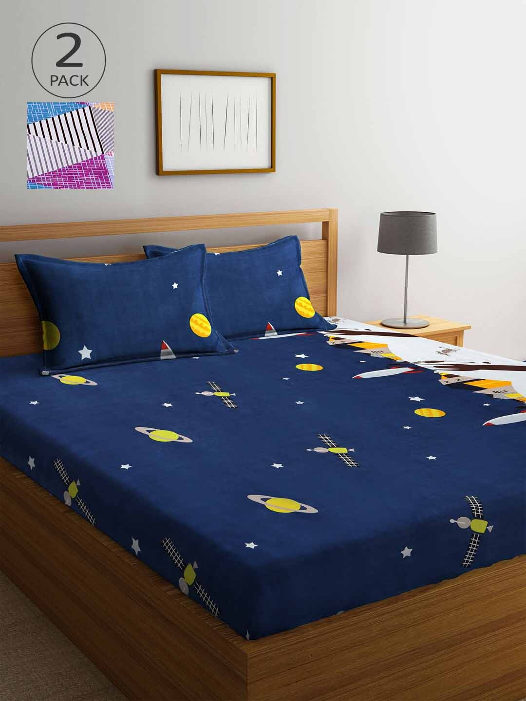 

Arrabi Pack of 2 Blue & Pink Graphic 300 TC 2 King Bedsheet with 4 Pillow Covers