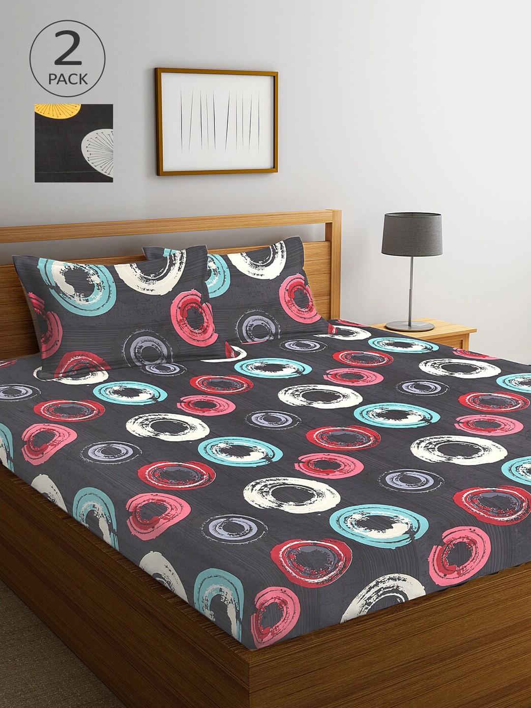 

Arrabi Grey & Black Geometric 300 TC 2 King Bedsheet with 4 Pillow Covers