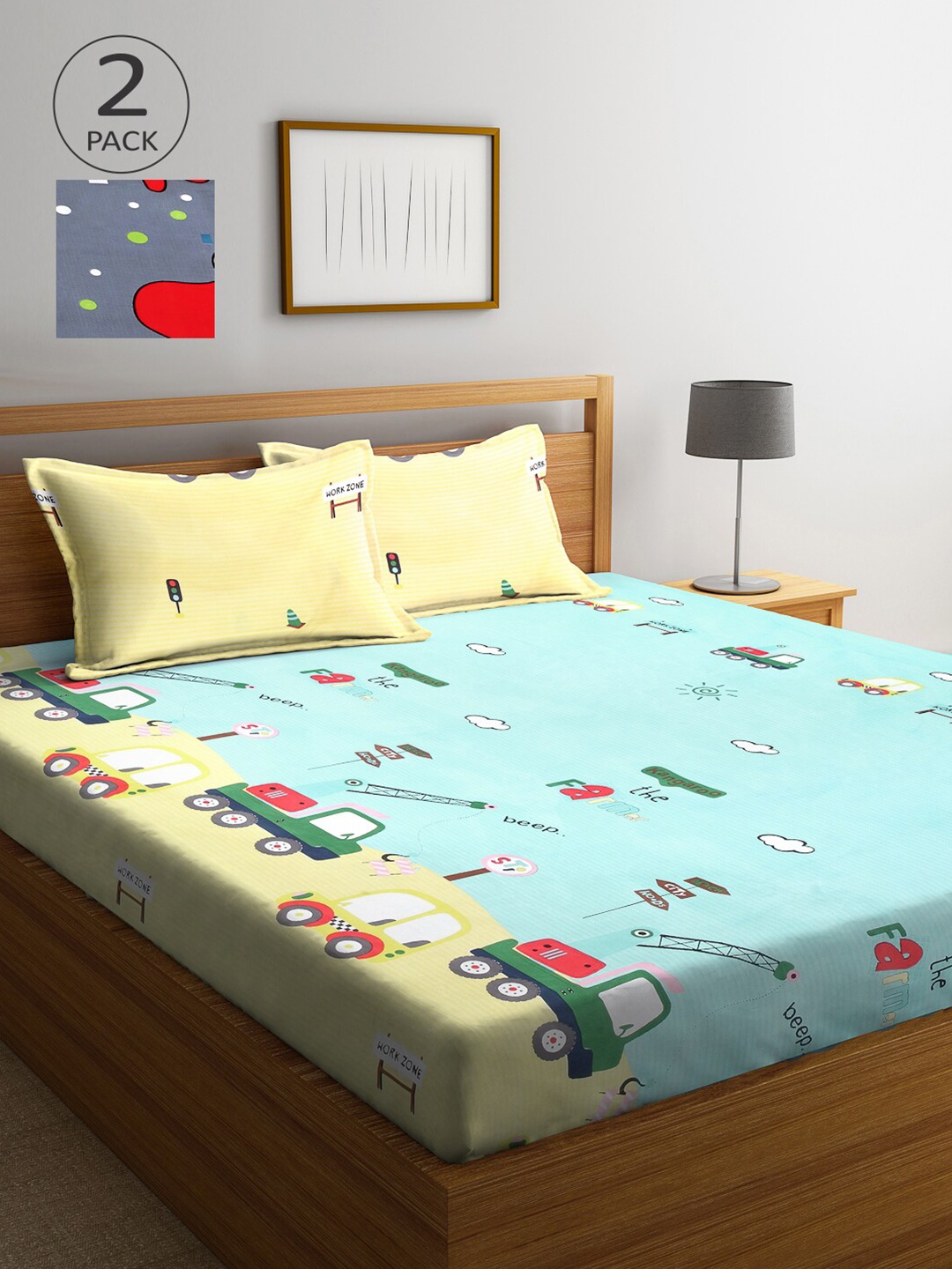 

Arrabi Blue & Yellow Graphic 300 TC 2 King Bedsheets with 4 Pillow Covers