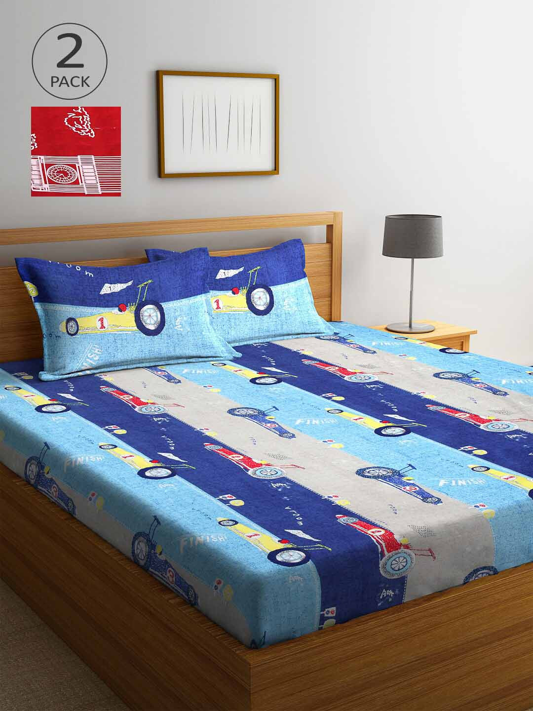 

Arrabi Navy Blue & Red Printed 300 TC 2 King Bedsheet With Pillow Cover Set