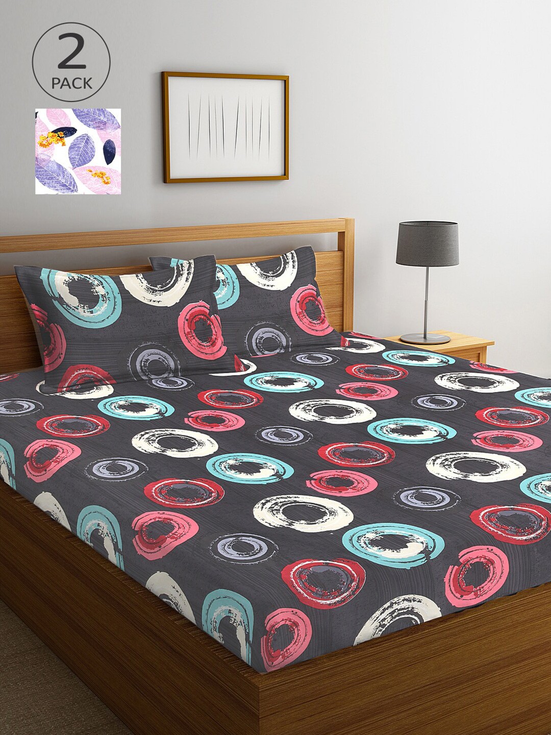 

Arrabi Pack Of 2 White & Grey Floral 300 TC 2 King Bedsheet with 4 Pillow Covers