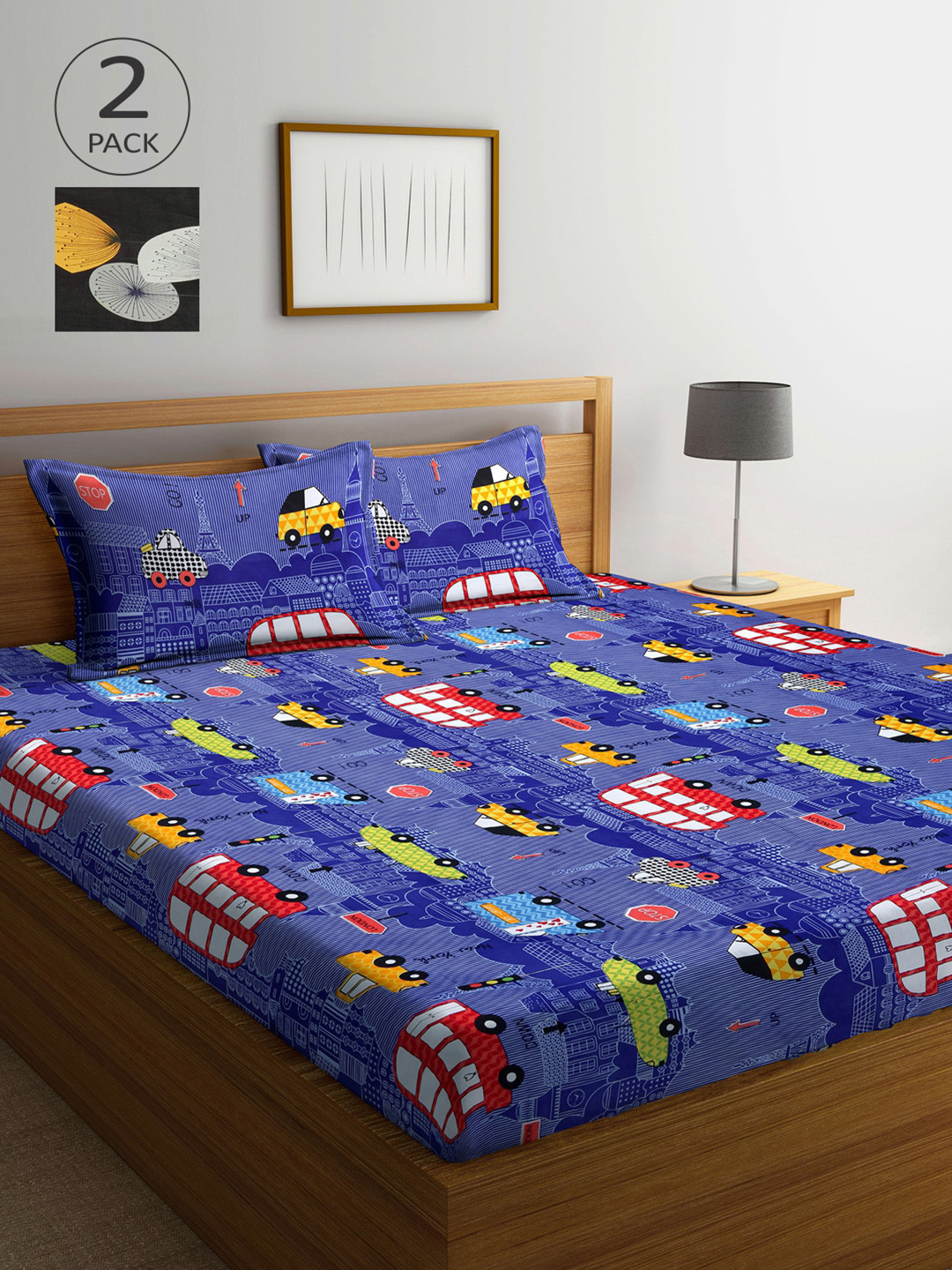 

Arrabi Blue & Black Graphic 300 TC 2 King Bedsheet with 4 Pillow Covers