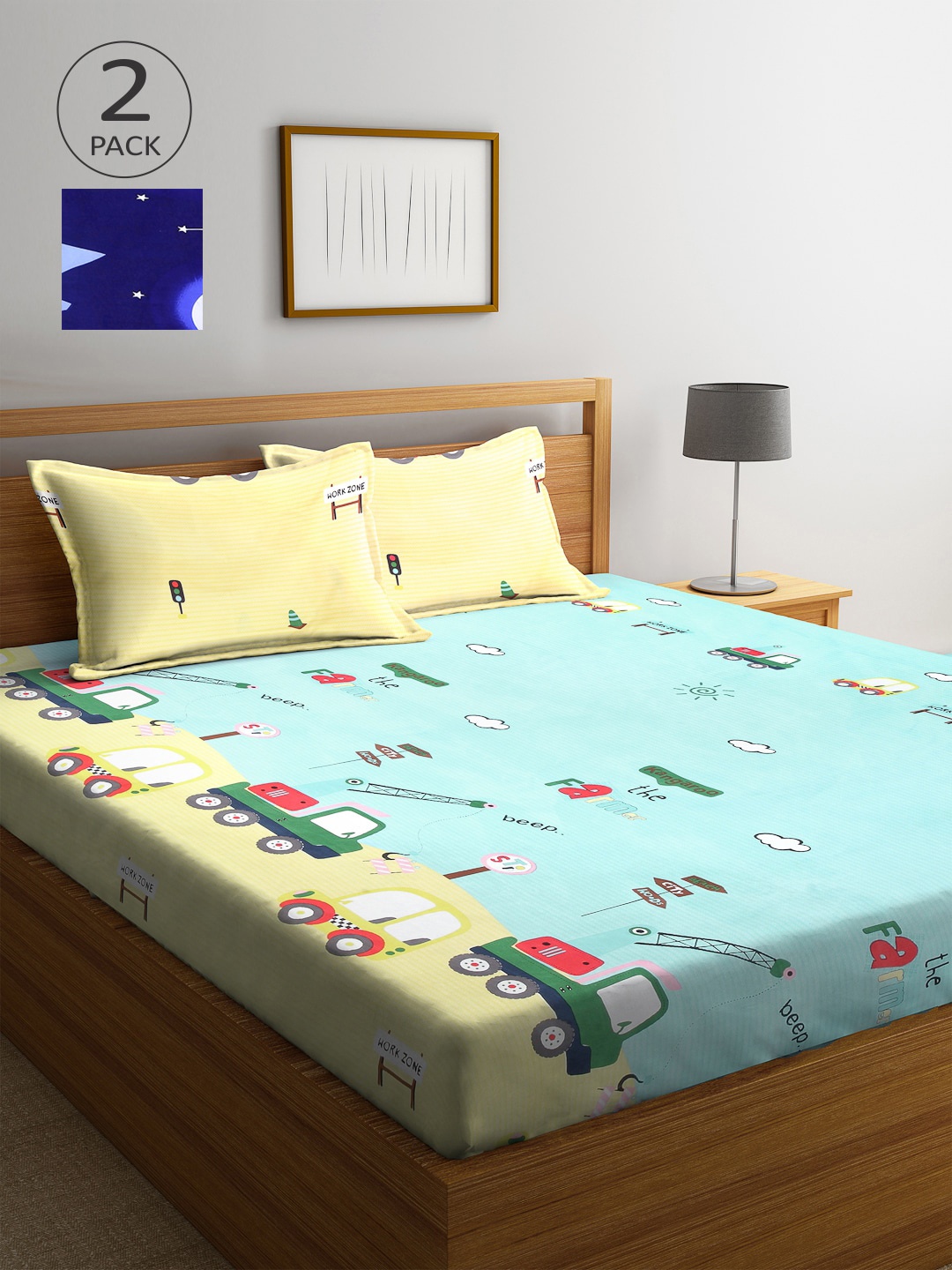 

Arrabi Pack Of 2 Printed 300 TC King 2 Bedsheets with 4 Pillow Covers, Blue