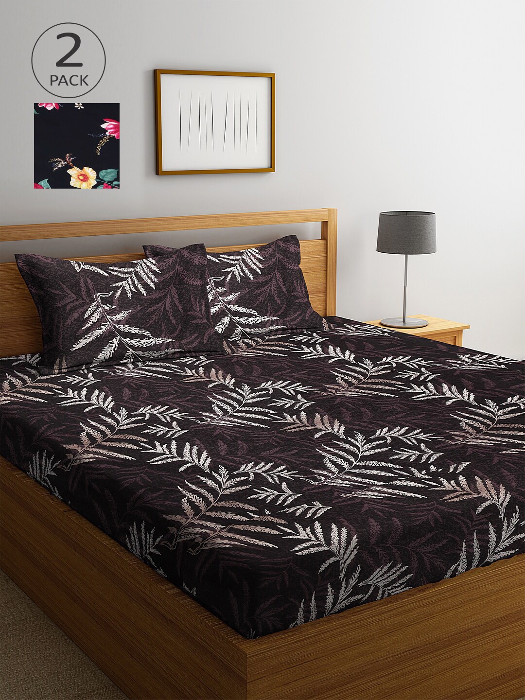 

Arrabi Set Of 2 Brown & Black Floral 300 TC King Bedsheet With 4 Pillow Covers