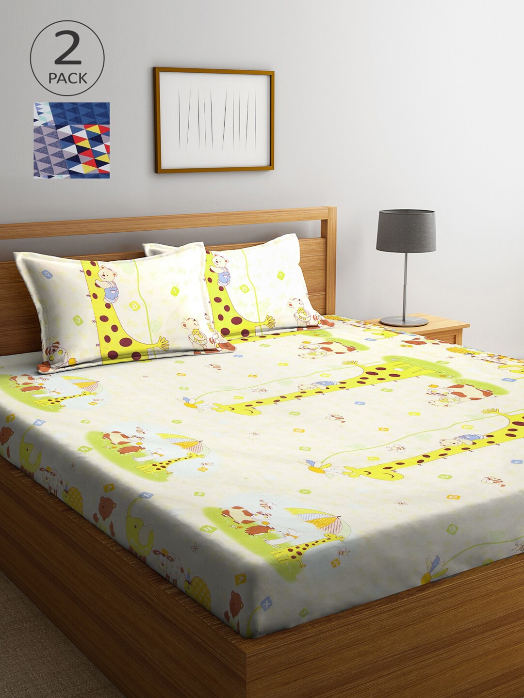 

Arrabi Yellow & Blue Graphic 300 TC 2 King Bedsheet with 4 Pillow Covers