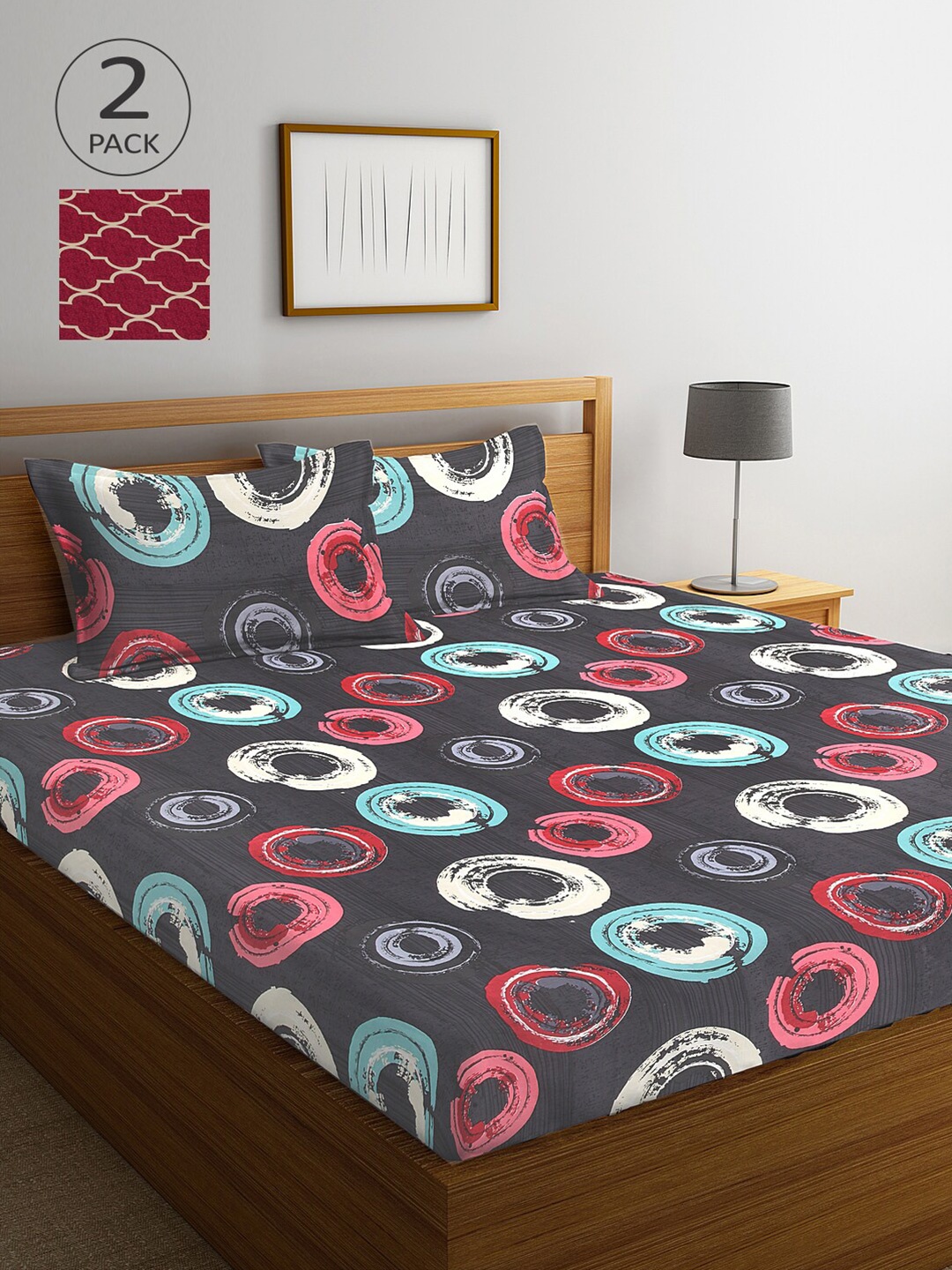 

Arrabi Grey & Red Printed 300 TC 2 King Bedsheet with 4 Pillow Covers