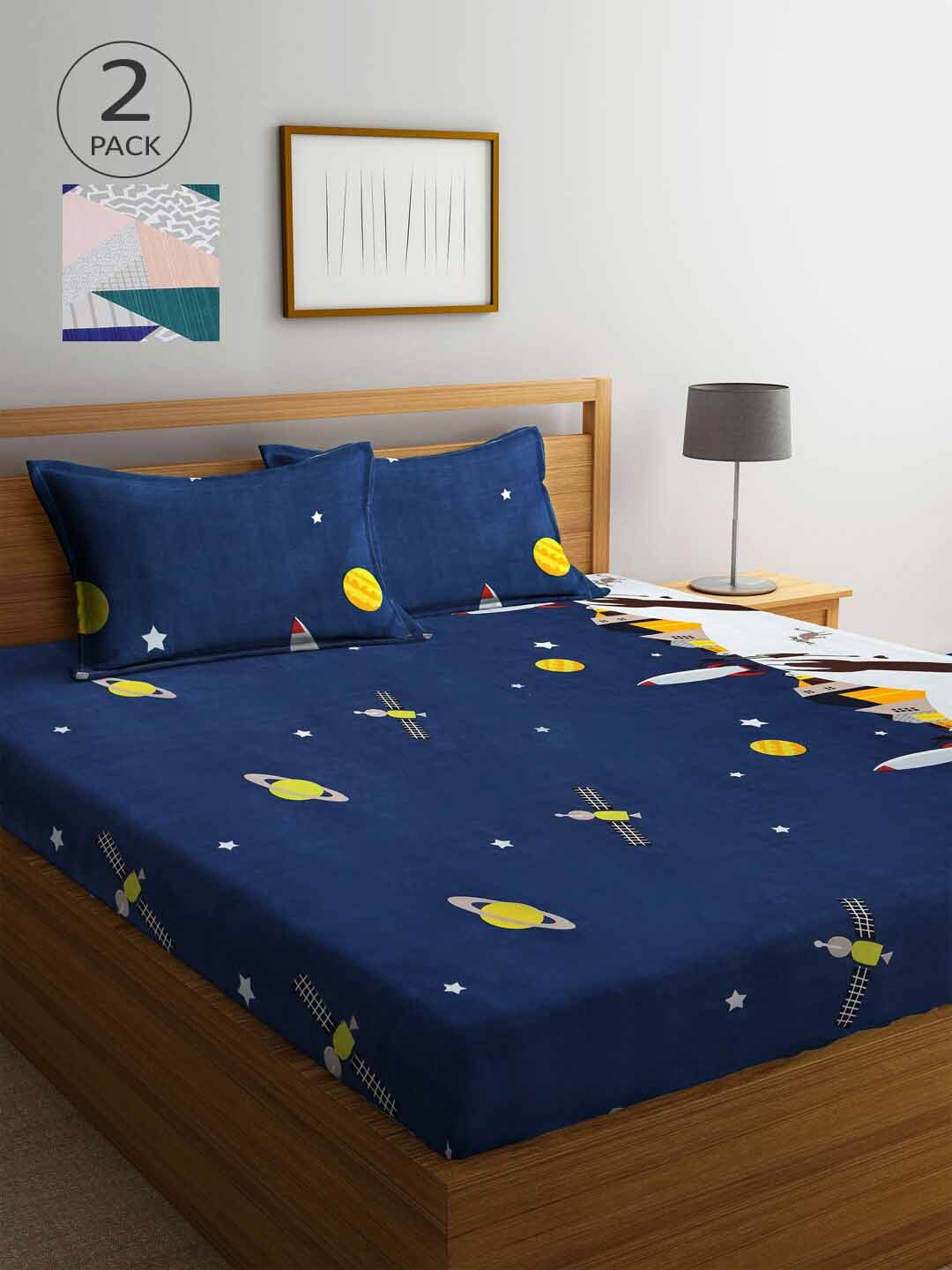 

Arrabi Blue & Grey Graphic 300 TC 2 King Bedsheet with 4 Pillow Covers