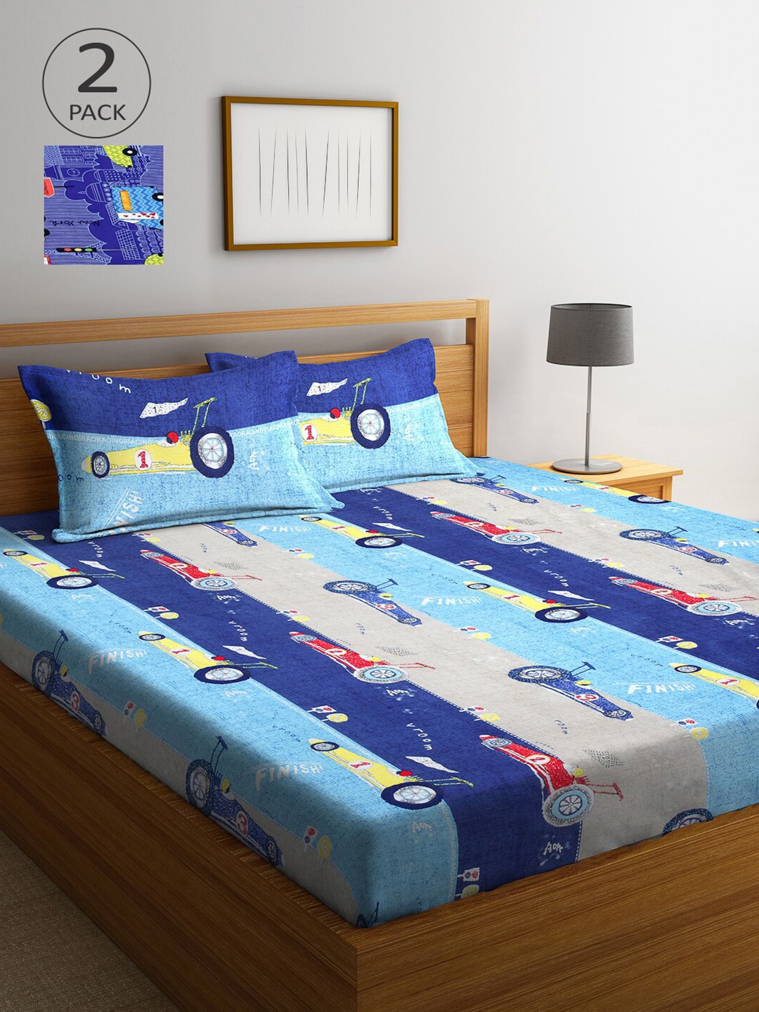 

Arrabi Pack of 2 Printed 300 TC King Bedsheet with 4 Pillow Covers, Blue