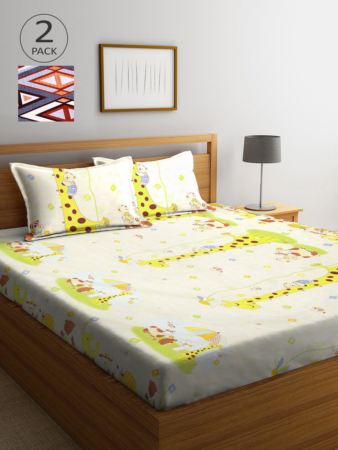 

Arrabi Pack Of 2 Blue & White Graphic 300 TC 2 King Bedsheet with 4 Pillow Covers