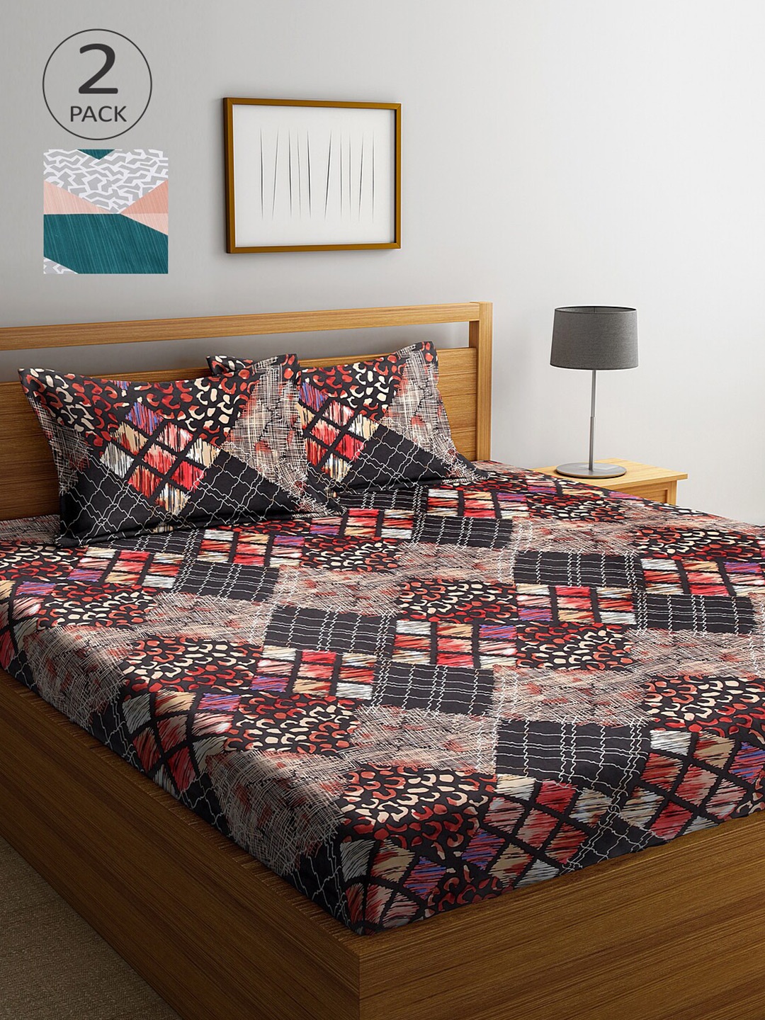 

Arrabi Pack Of 2 Printed 300 TC King 2 Bedsheets with 4 Pillow Covers, Black