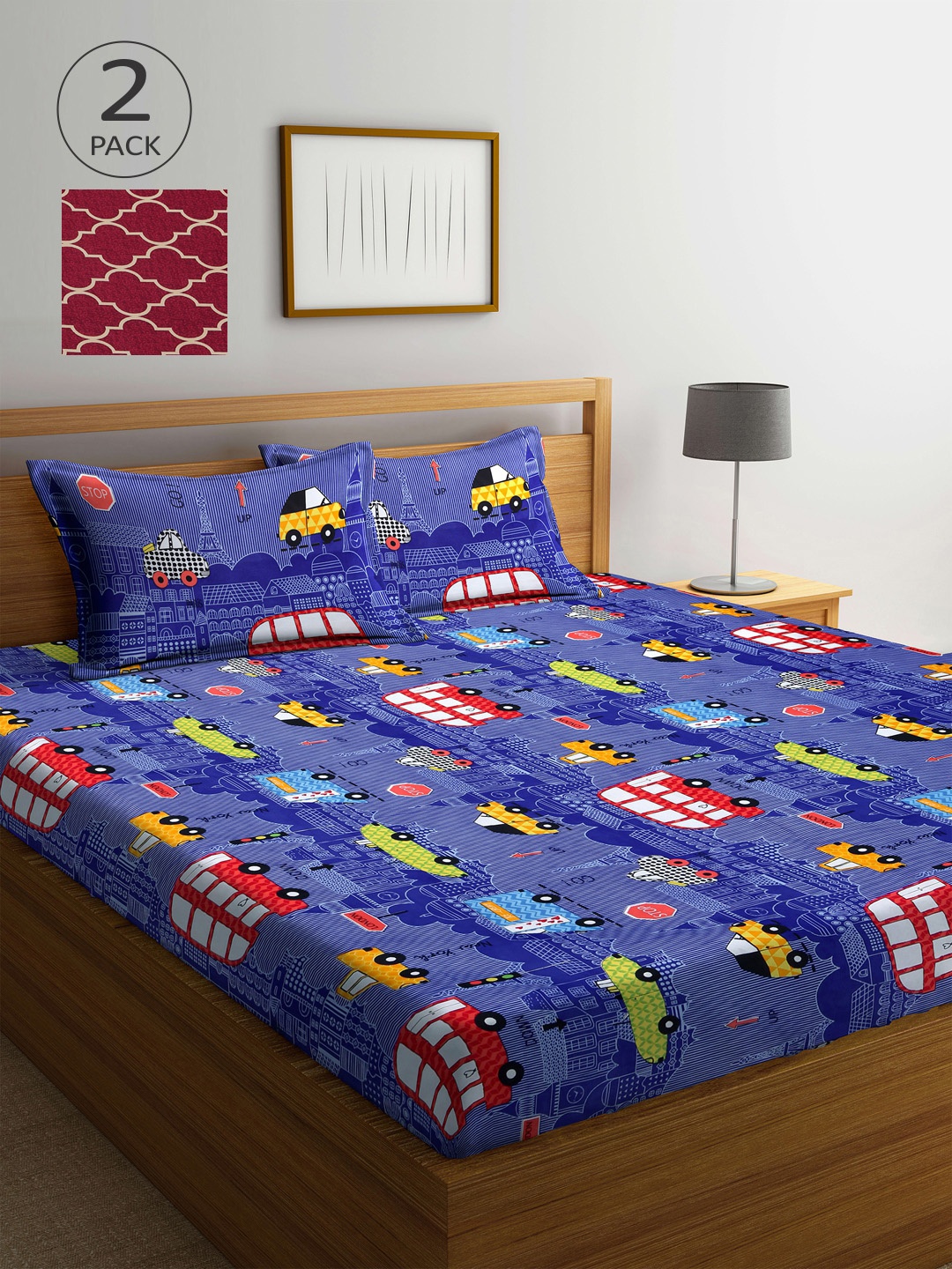 

Arrabi Blue & Maroon Graphic 300 TC 2 King Bedsheet with 4 Pillow Covers