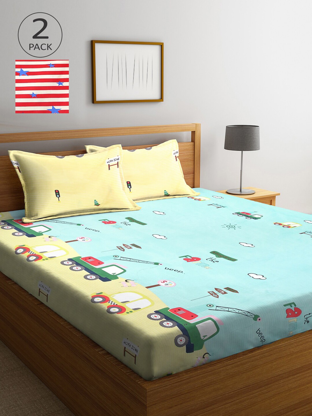 

Arrabi Turquoise Blue & Red Graphic 300 TC 2 King Bedsheets with 4 Pillow Covers