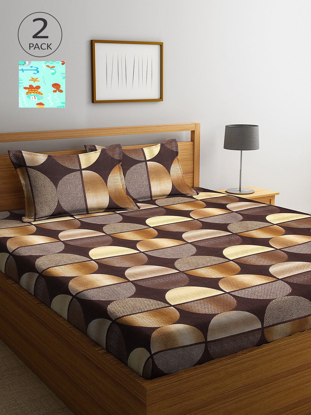 

Arrabi Set Of 2 Brown & Sea Green Printed 300 TC King Bedsheet With 4 Pillow Covers